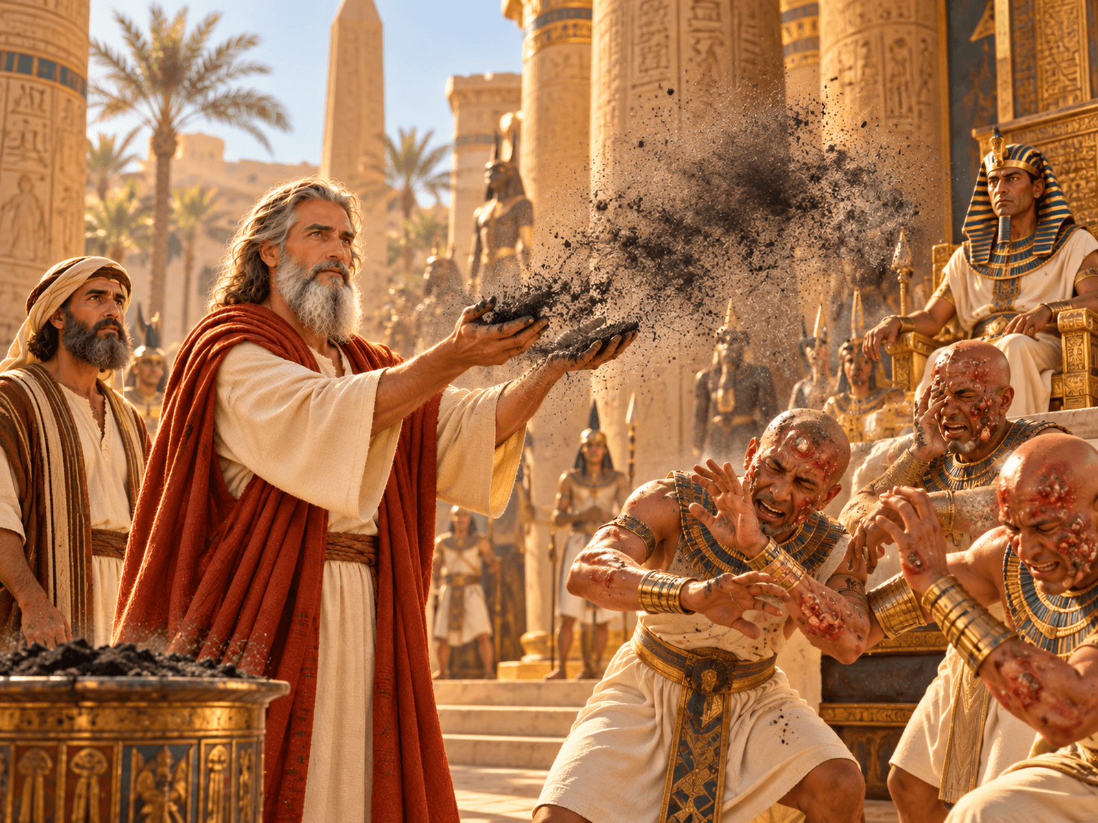 A painting of the plague of boils in Egypt