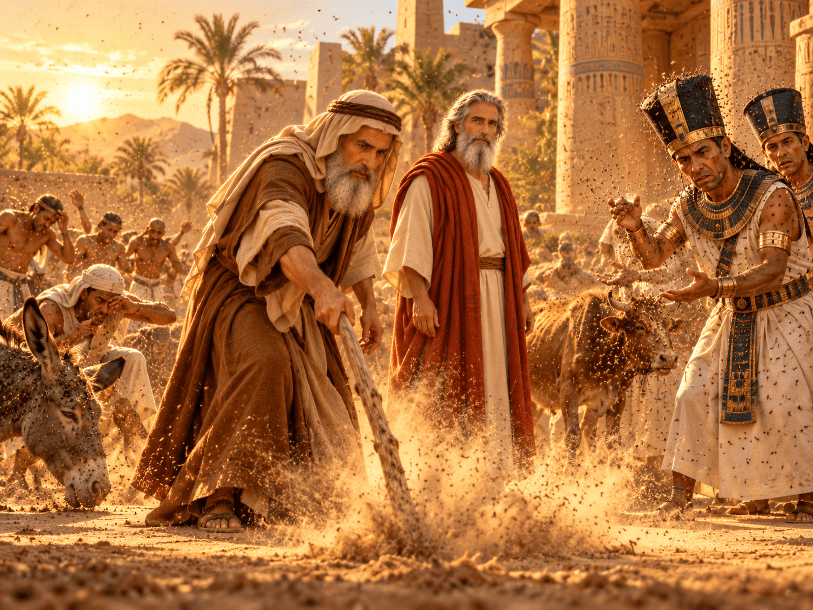 A painting of the plague of gnats in Egypt