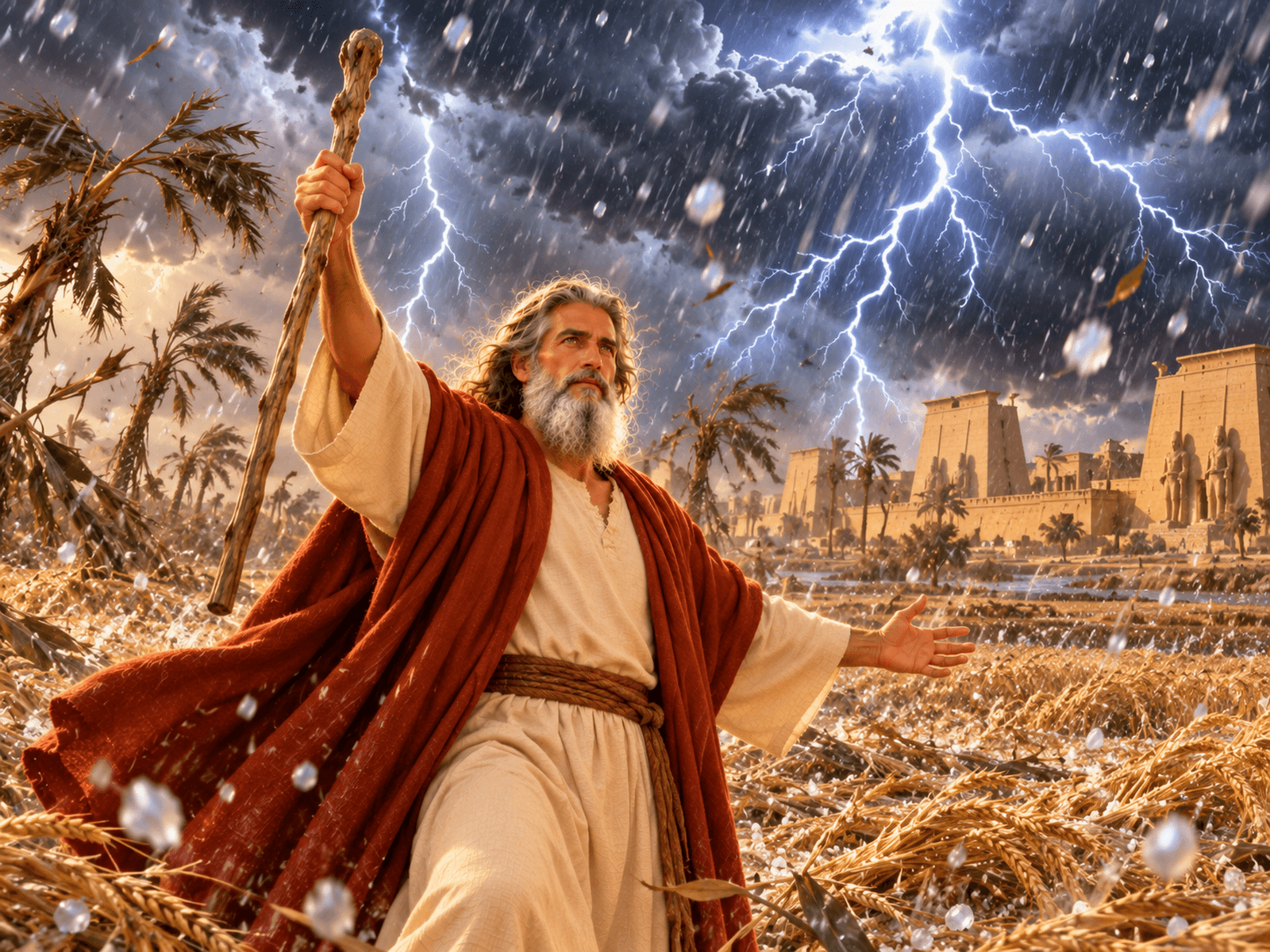 A painting of the plague of hail in Egypt