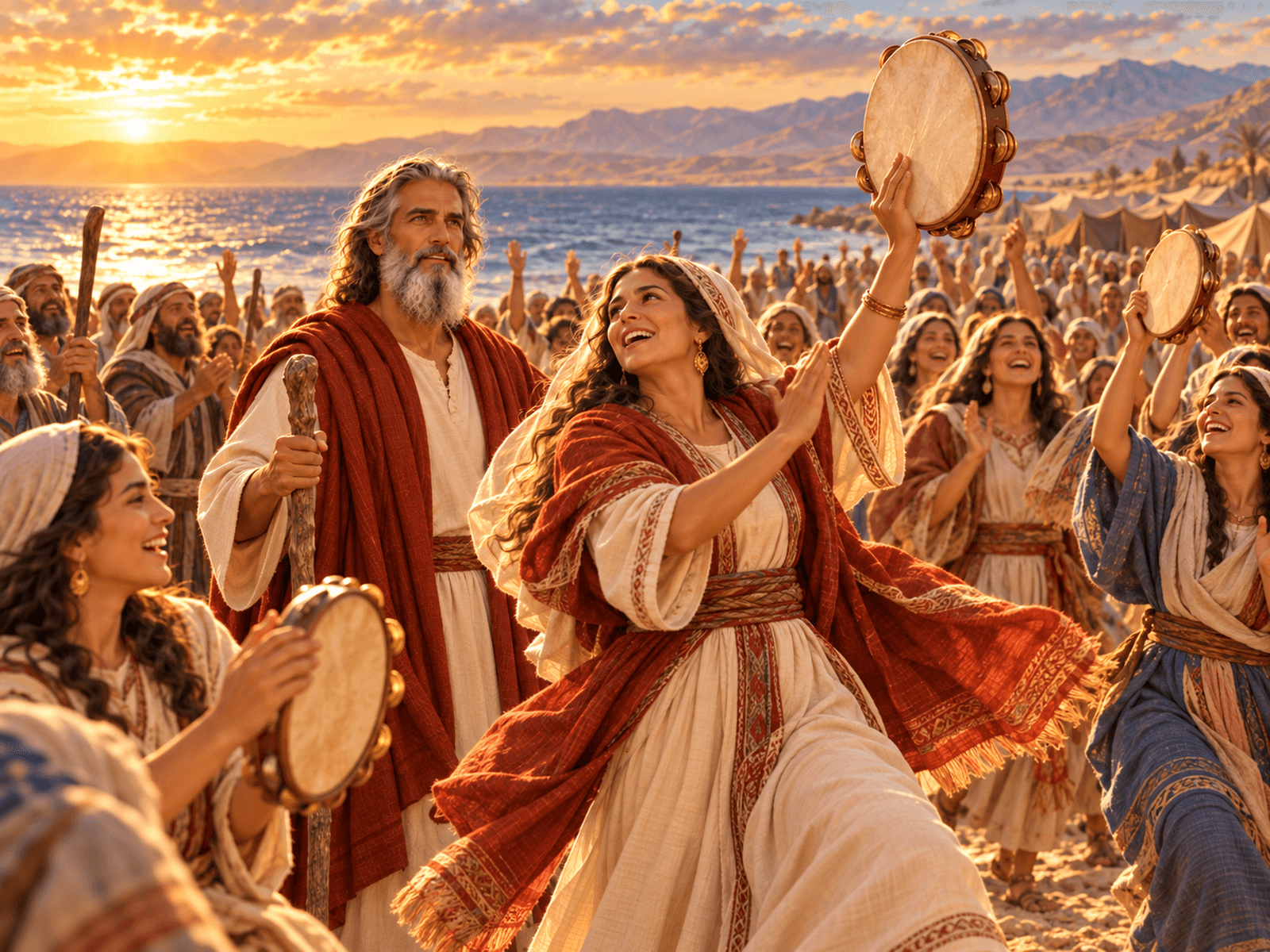 A painting of Miriam and the women of Israel singing by the sea
