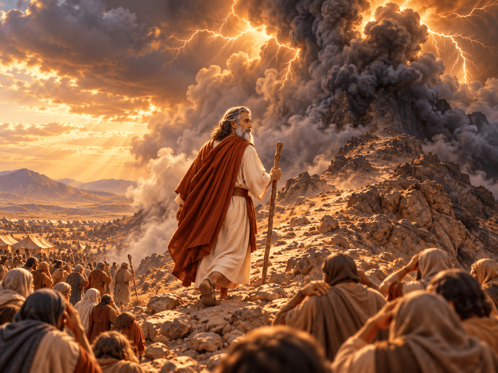 A painting of the people at Mount Sinai when God gave the Ten Commandments