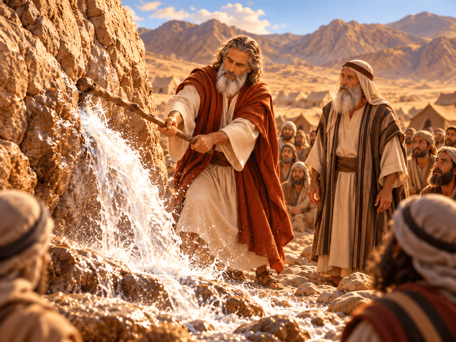 A painting of Moses striking the rock at Meribah