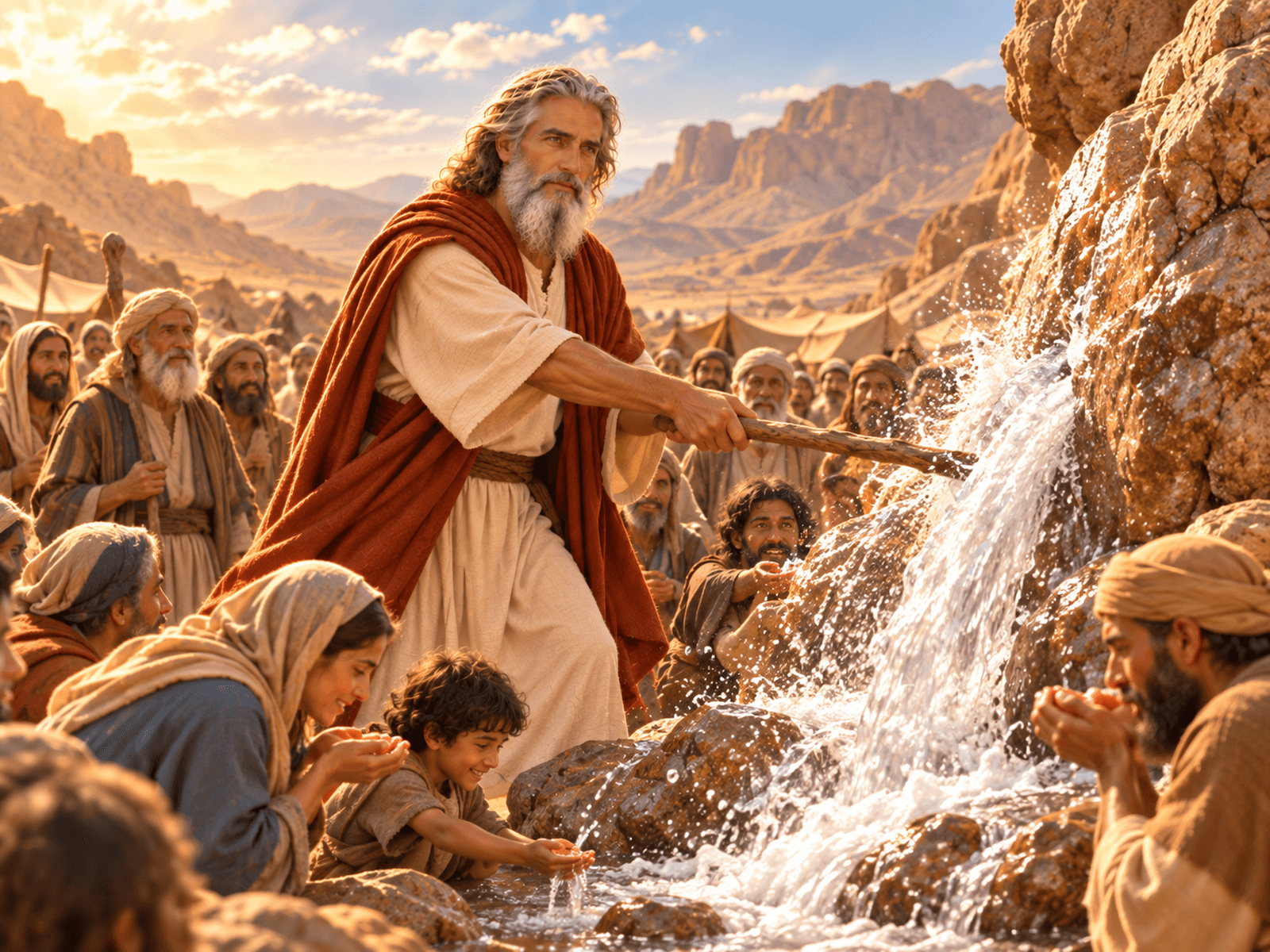 A painting of Moses striking the rock at Horeb