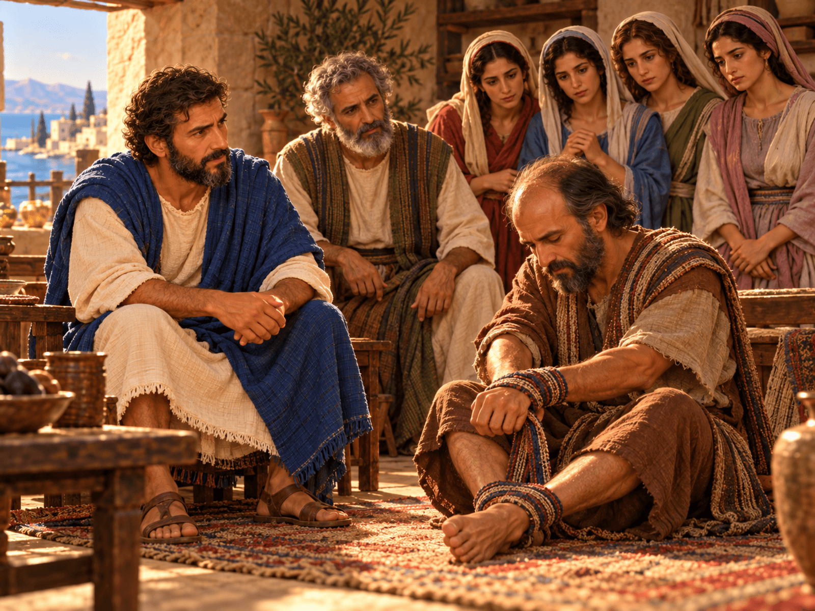 A painting of the prophet Agabus binding himself with Paul's belt