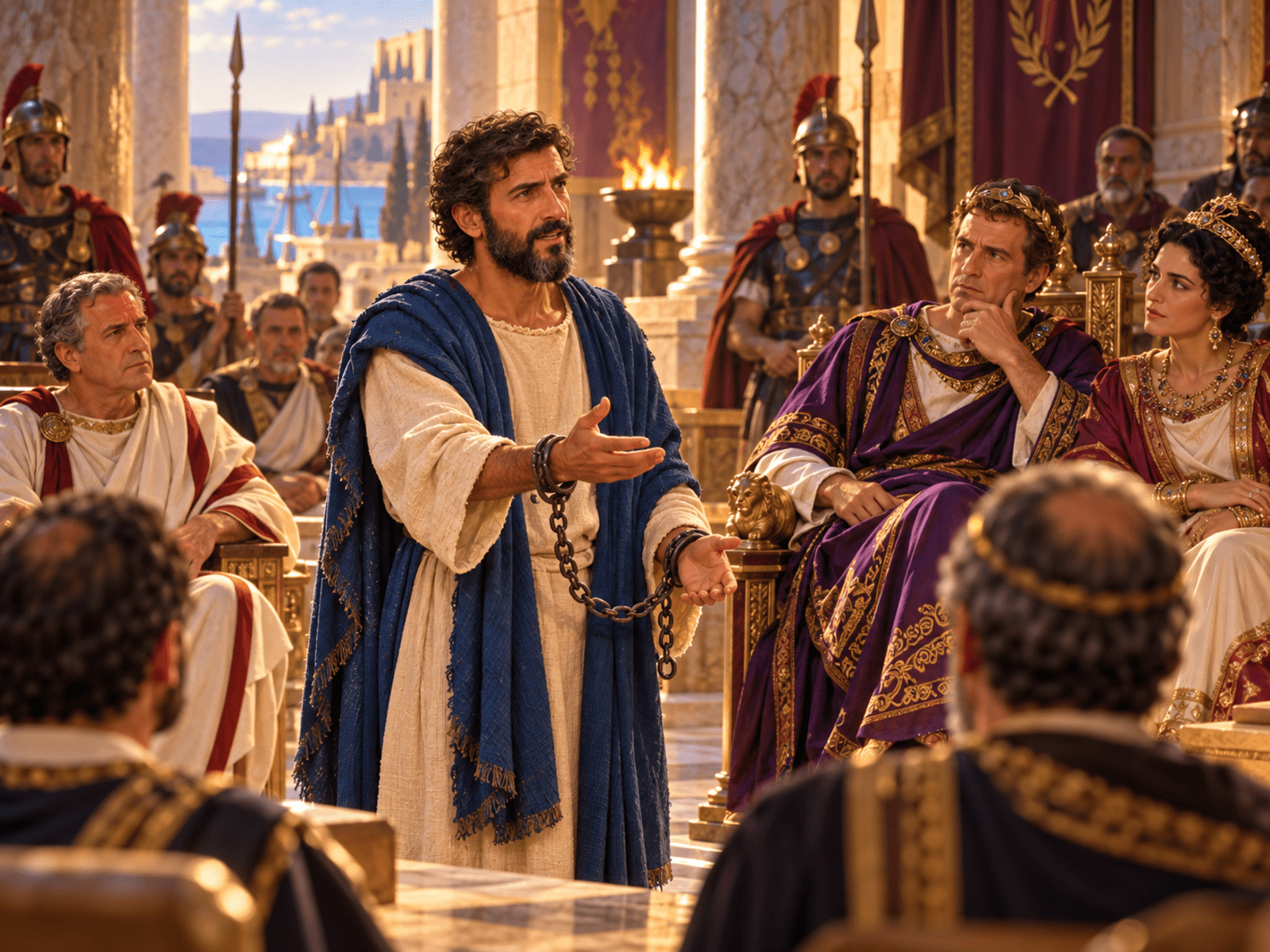 A painting of Paul speaking before King Agrippa and Bernice