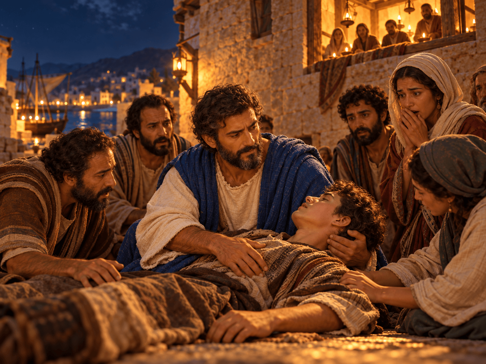 A painting of Paul embracing Eutychus after his fall at Troas