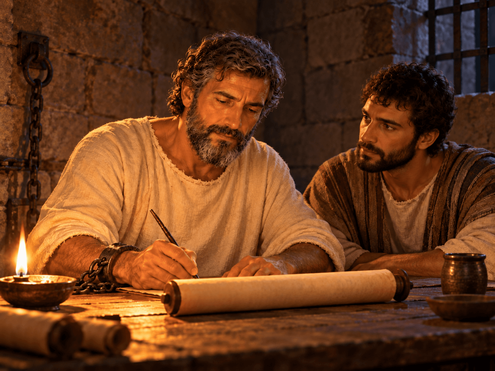 A painting of the aged Paul writing, with Luke beside him