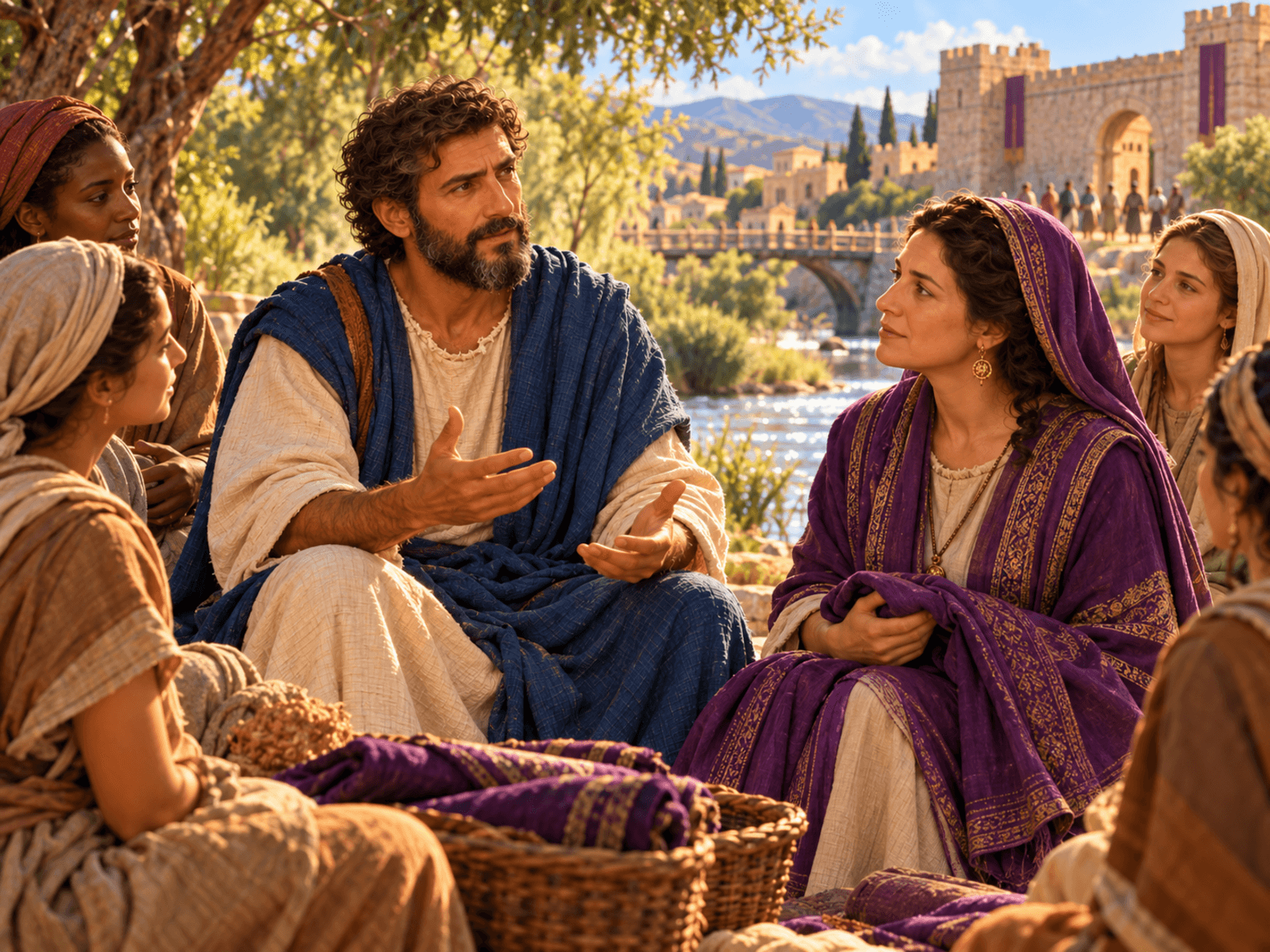 A painting of Paul speaking with Lydia and the women by the river at Philippi