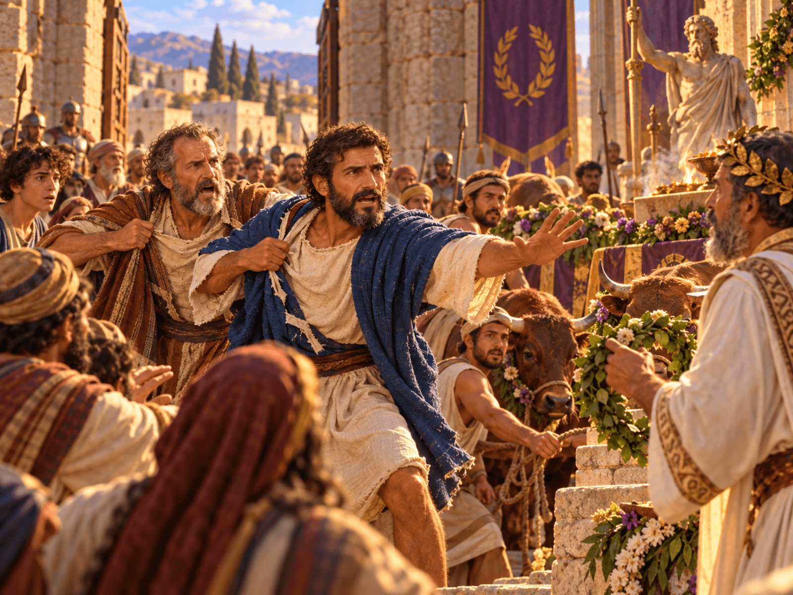 A painting of Paul and Barnabas stopping the crowd at Lystra from offering sacrifices