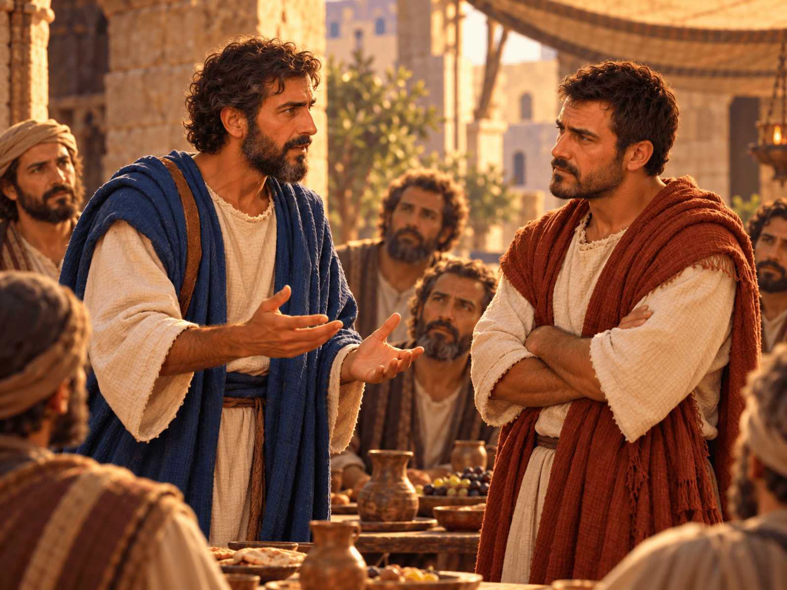 A painting of Paul speaking to Peter at Antioch
