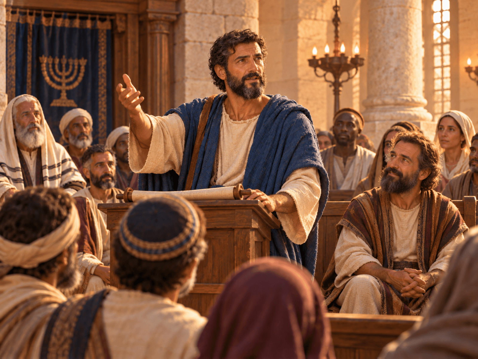 A painting of Paul preaching in the synagogue at Pisidian Antioch