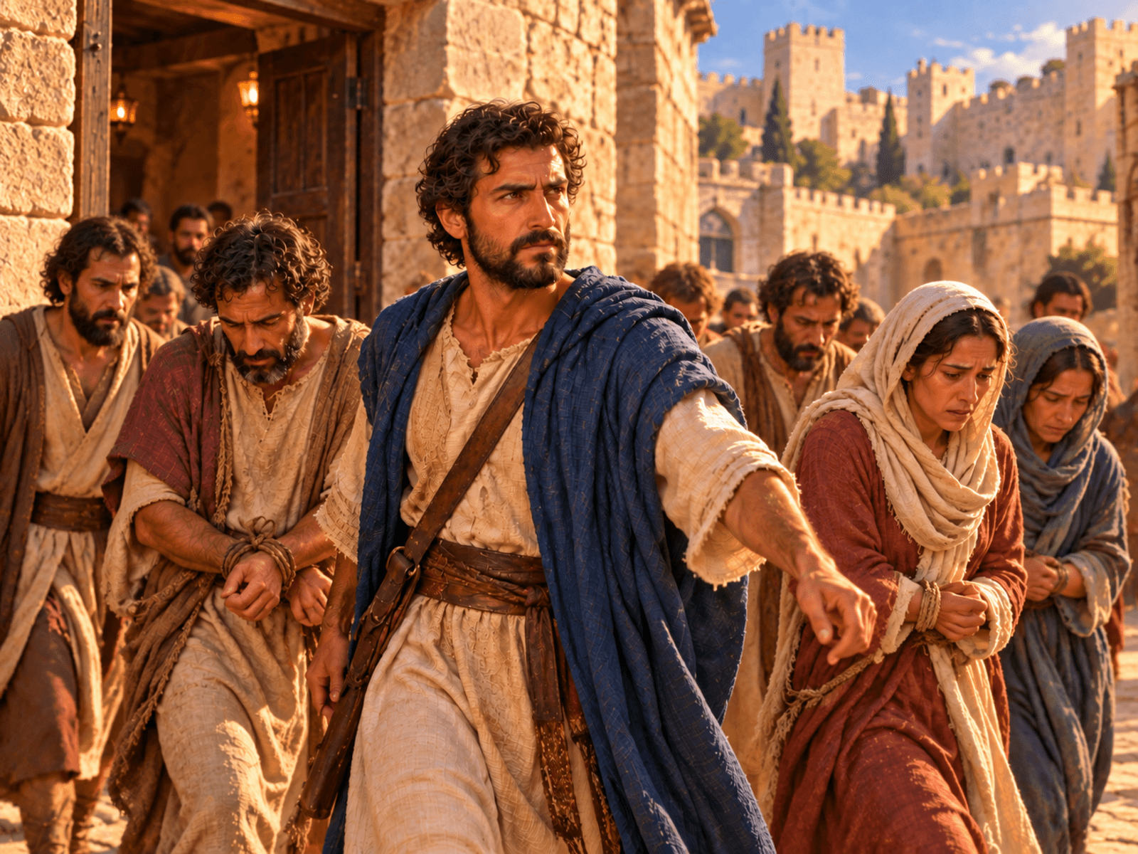 A painting of Saul leading believers away to prison in Jerusalem