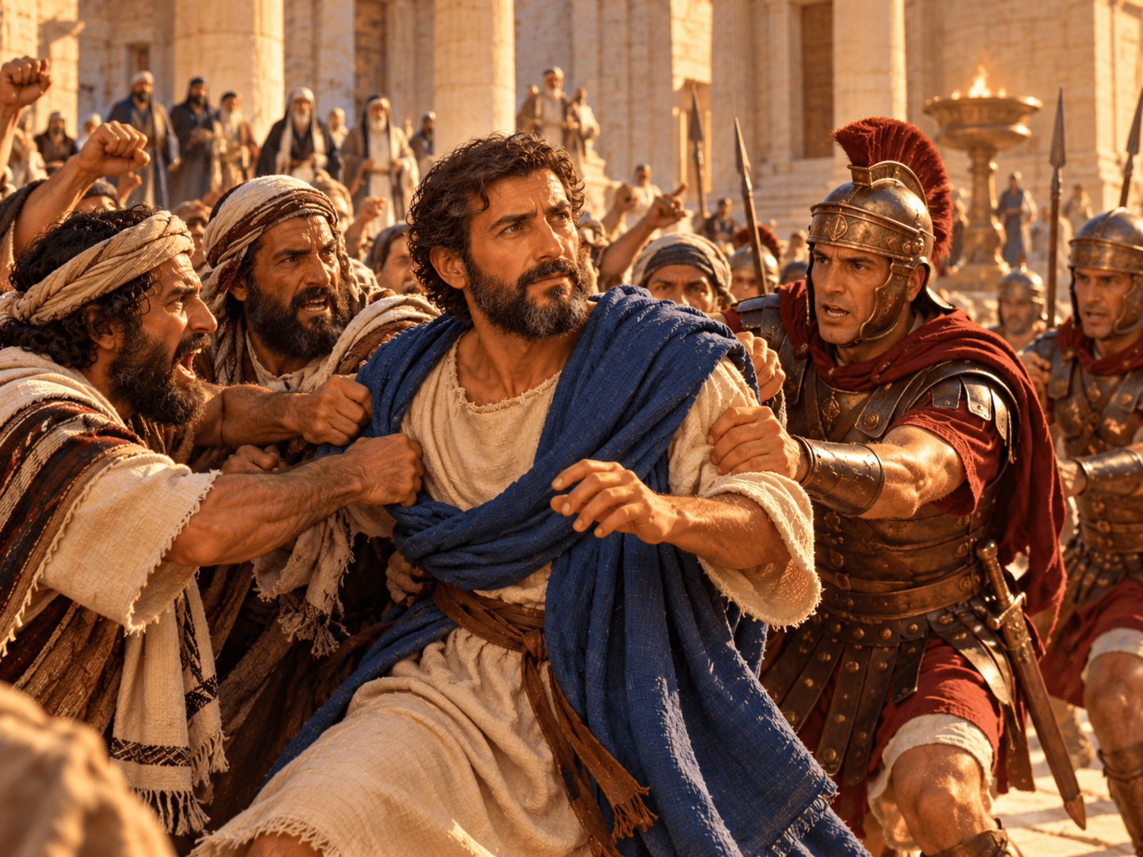 A painting of the crowd seizing Paul in the temple