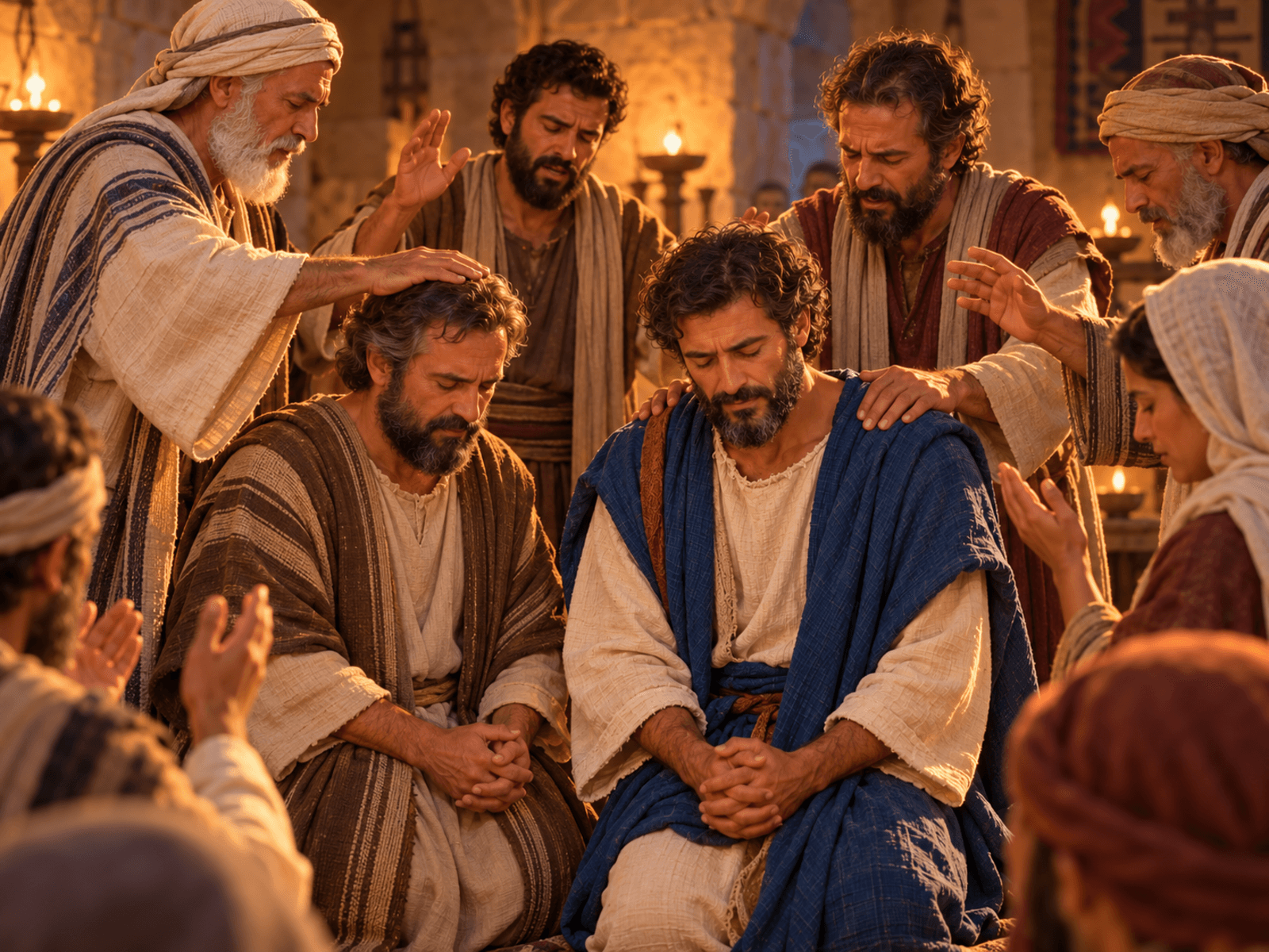 A painting of the church at Antioch sending out Barnabas and Saul