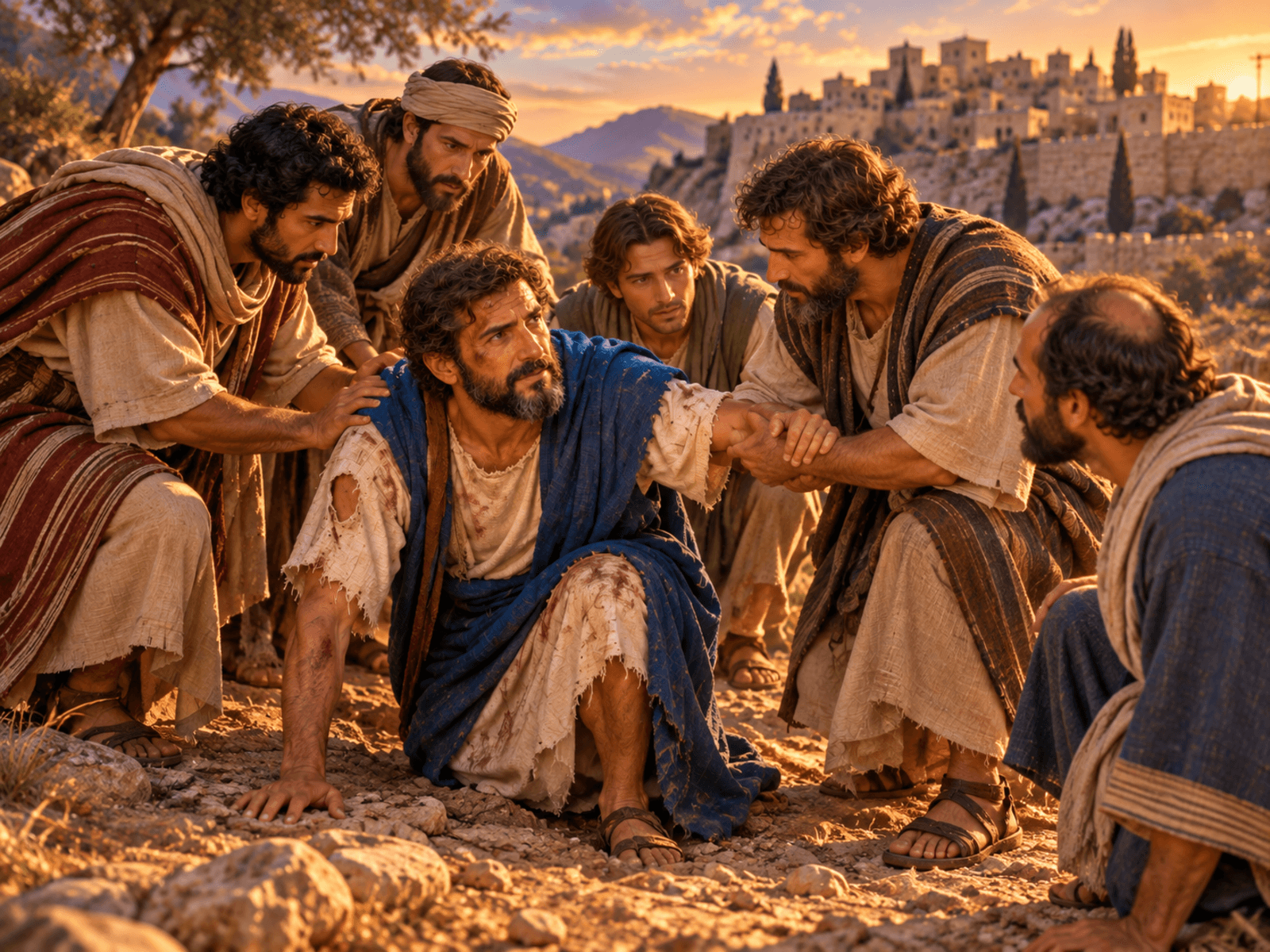 A painting of the disciples around Paul outside Lystra after he was stoned