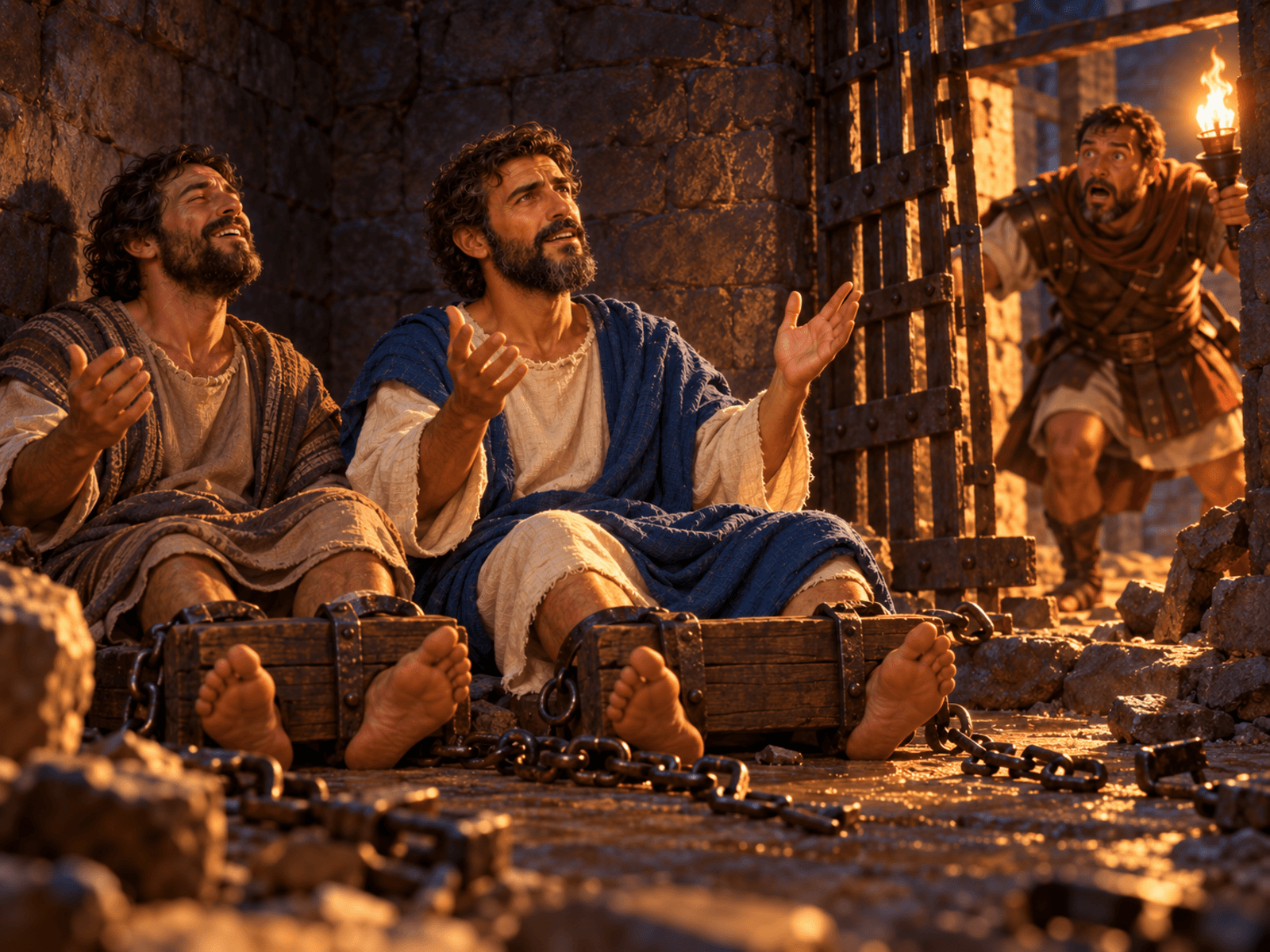 A painting of Paul and Silas in prison at Philippi as the earthquake strikes