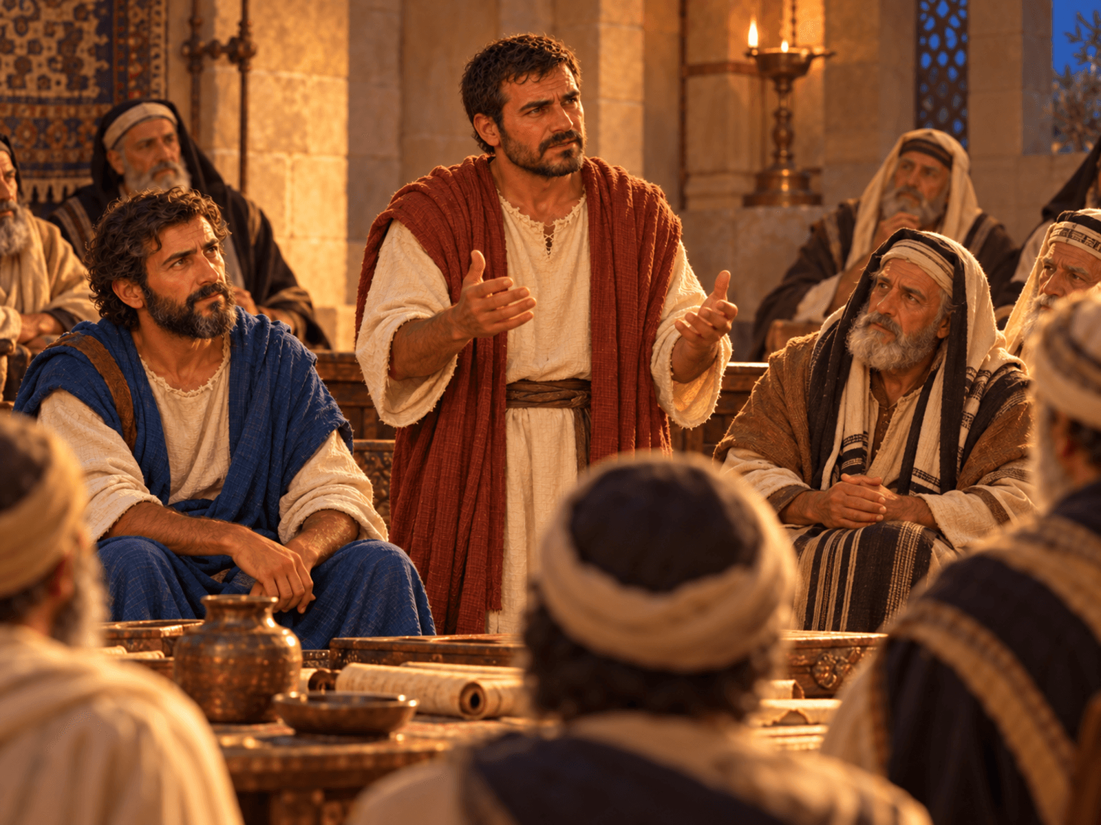 A painting of the apostles and elders meeting in Jerusalem