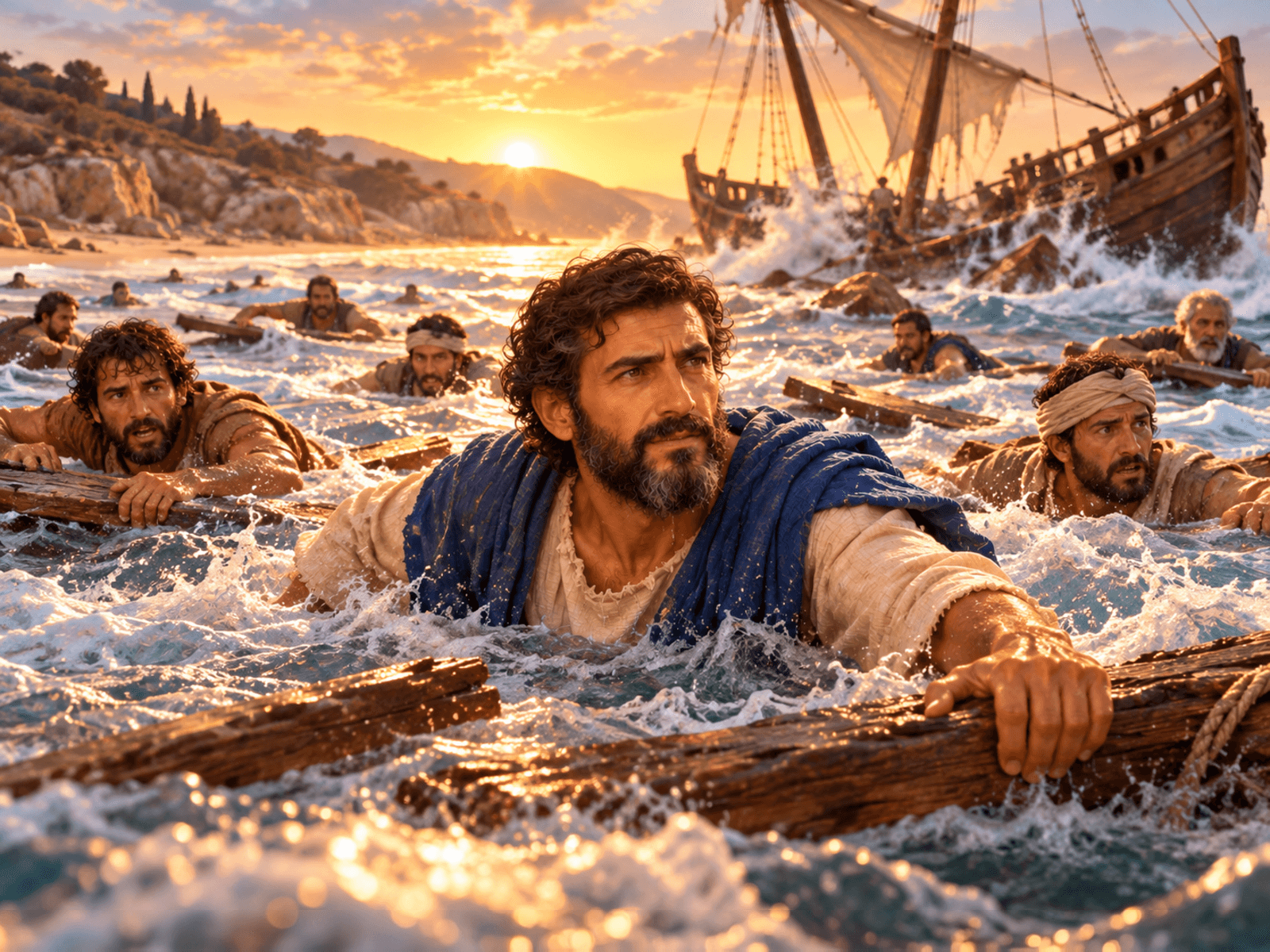 A painting of the shipwreck, with everyone making for the shore