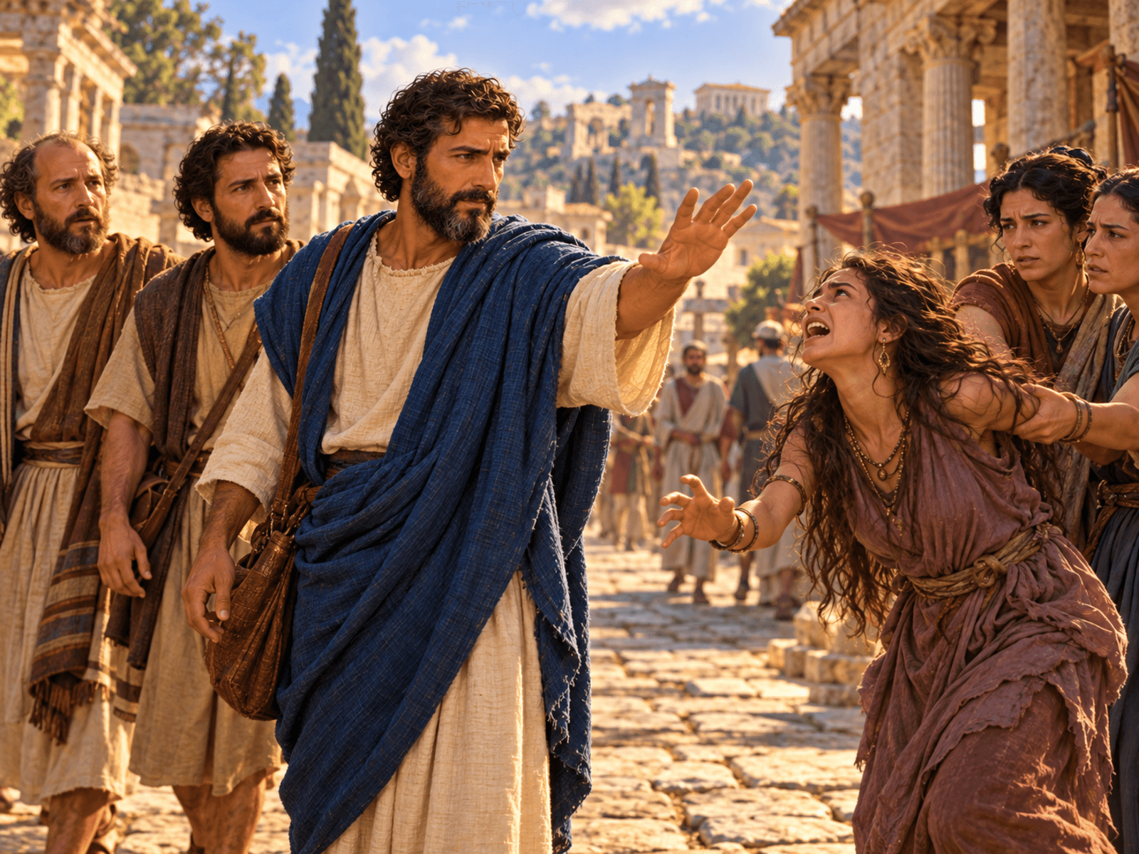 A painting of Paul commanding the spirit to leave the slave girl at Philippi