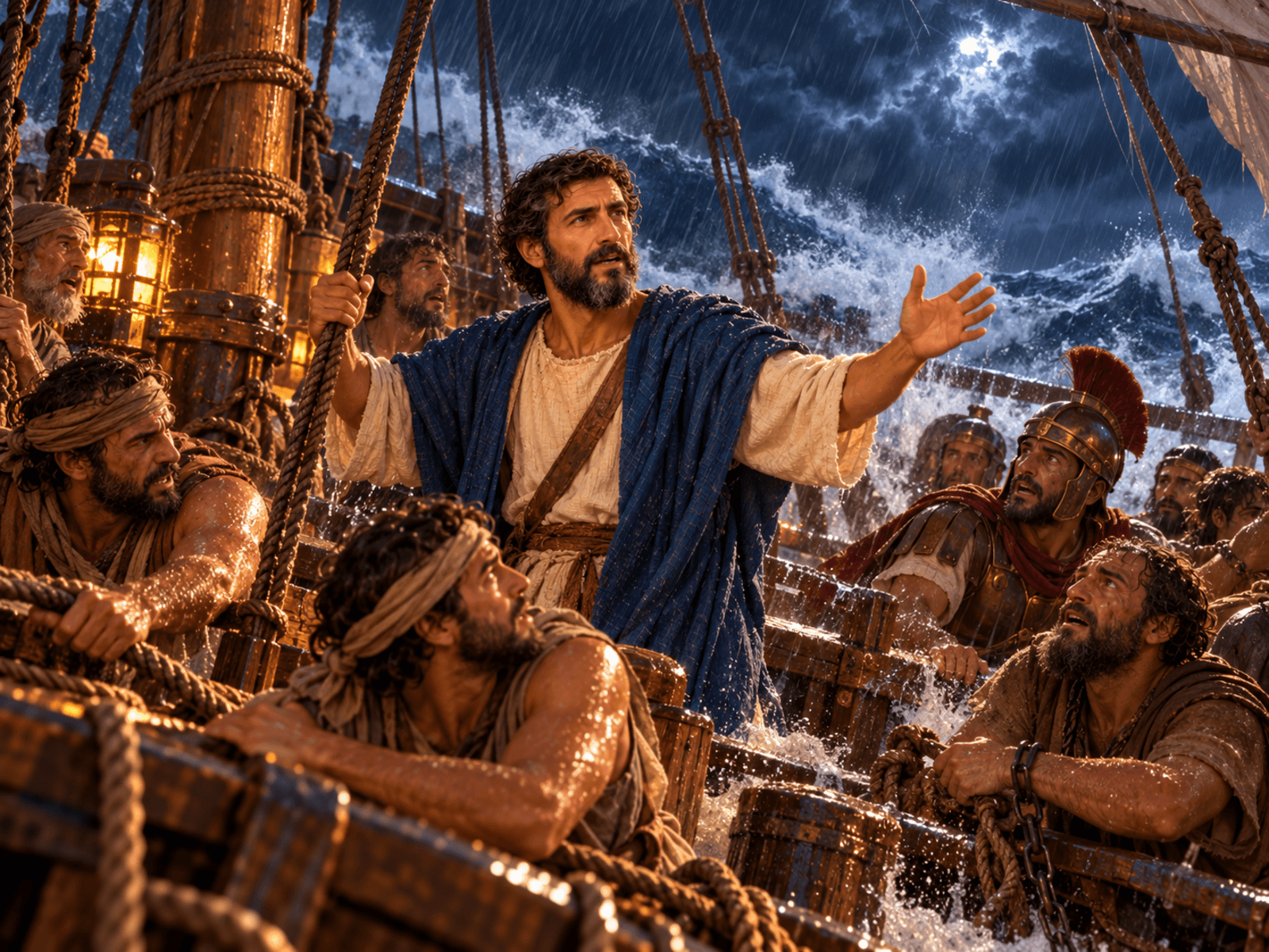A painting of Paul encouraging everyone aboard the ship in the storm