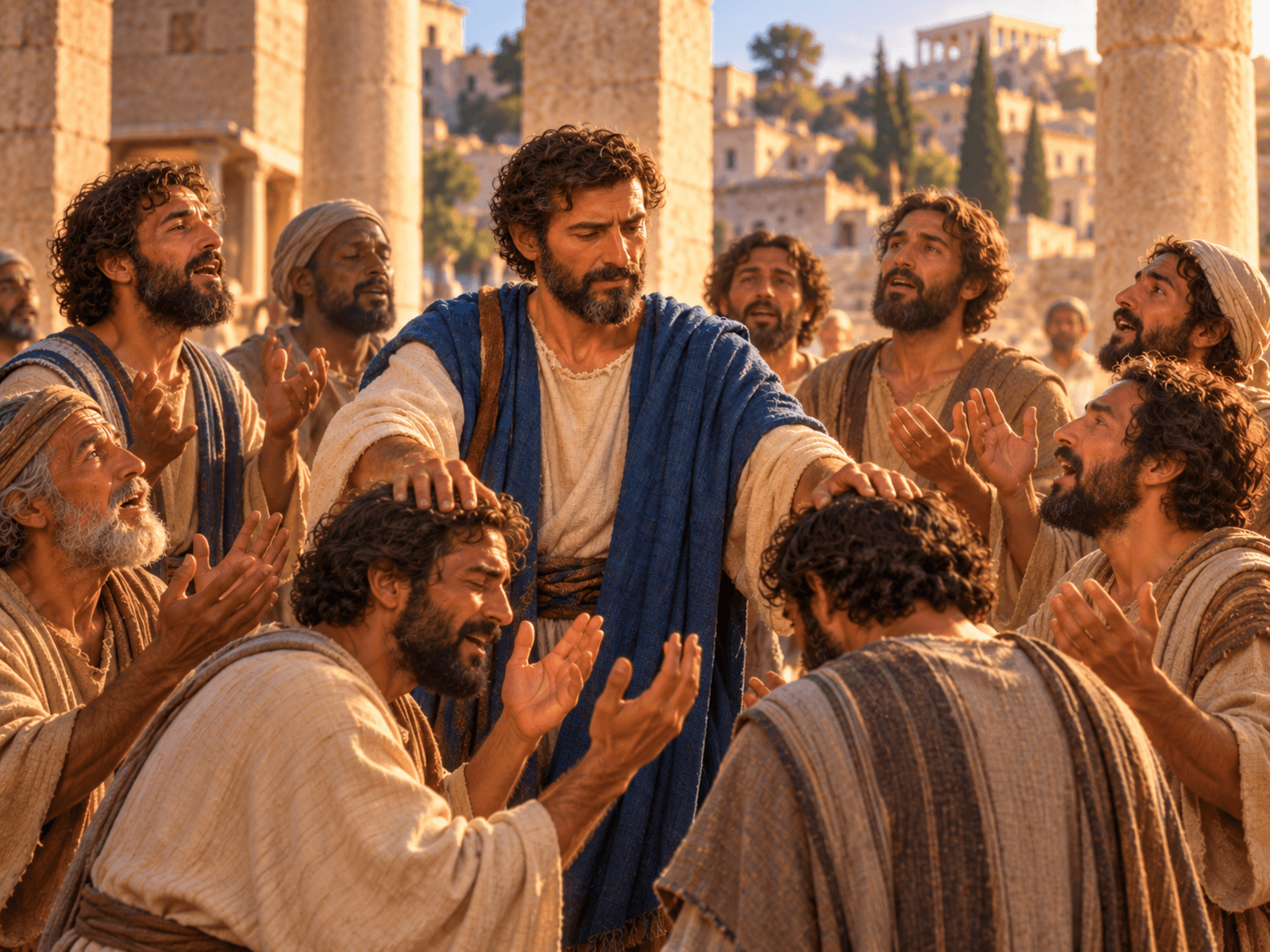 A painting of Paul laying his hands on the disciples at Ephesus