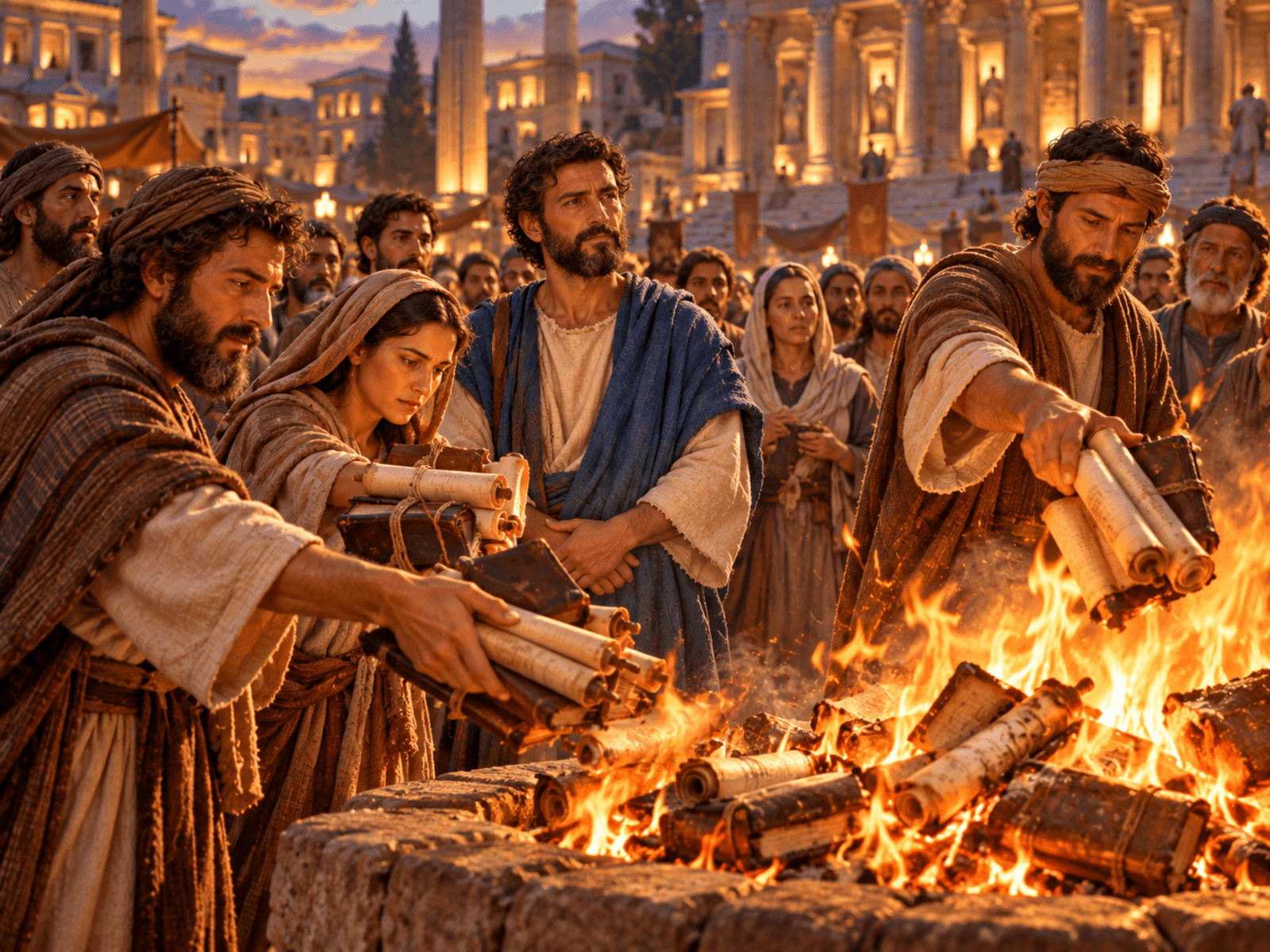 A painting of the believers at Ephesus burning their books of magic