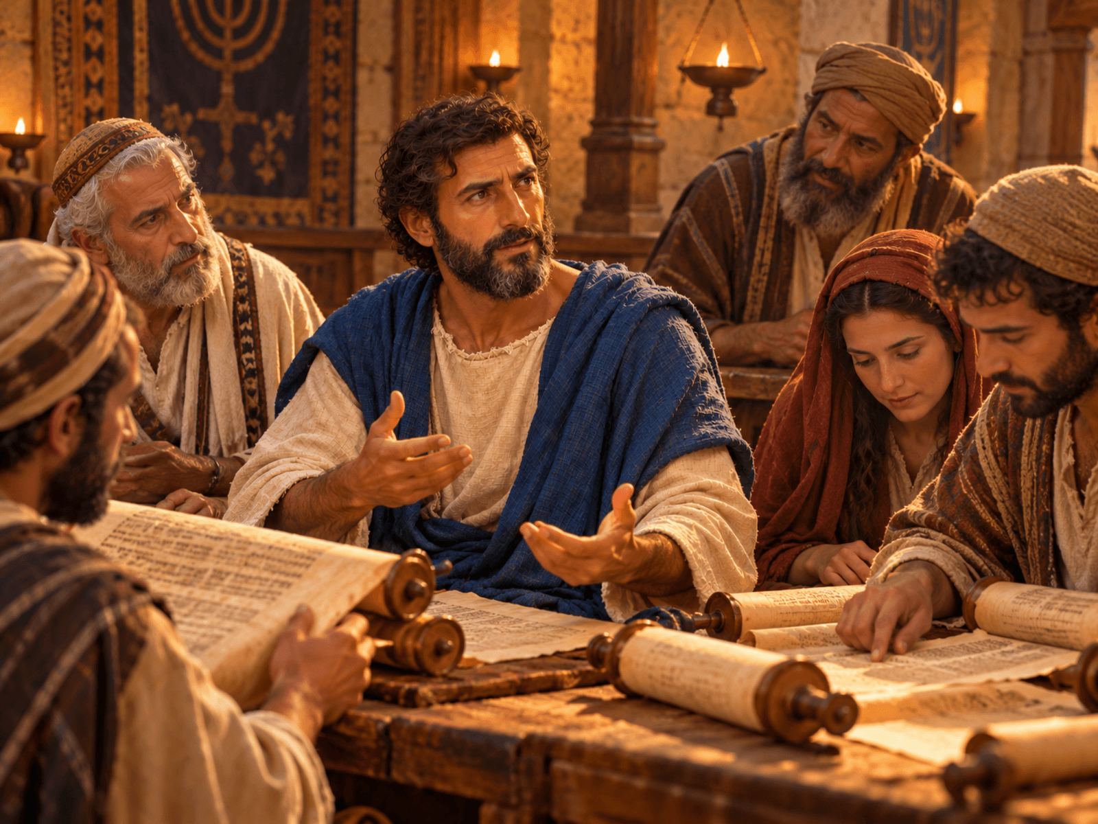 A painting of Paul teaching the Bereans from the Scriptures