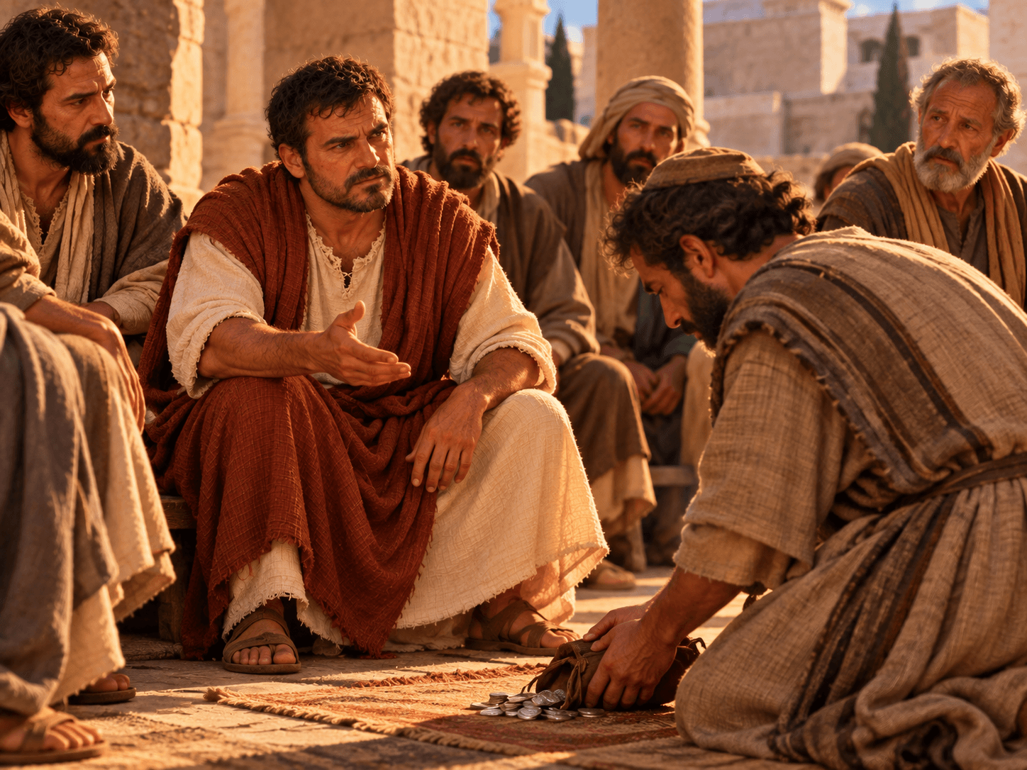 A painting of Peter speaking to Ananias as he lays down the money