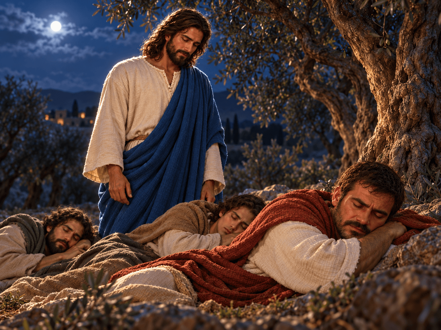 A painting of Jesus finding Peter, James and John asleep in Gethsemane