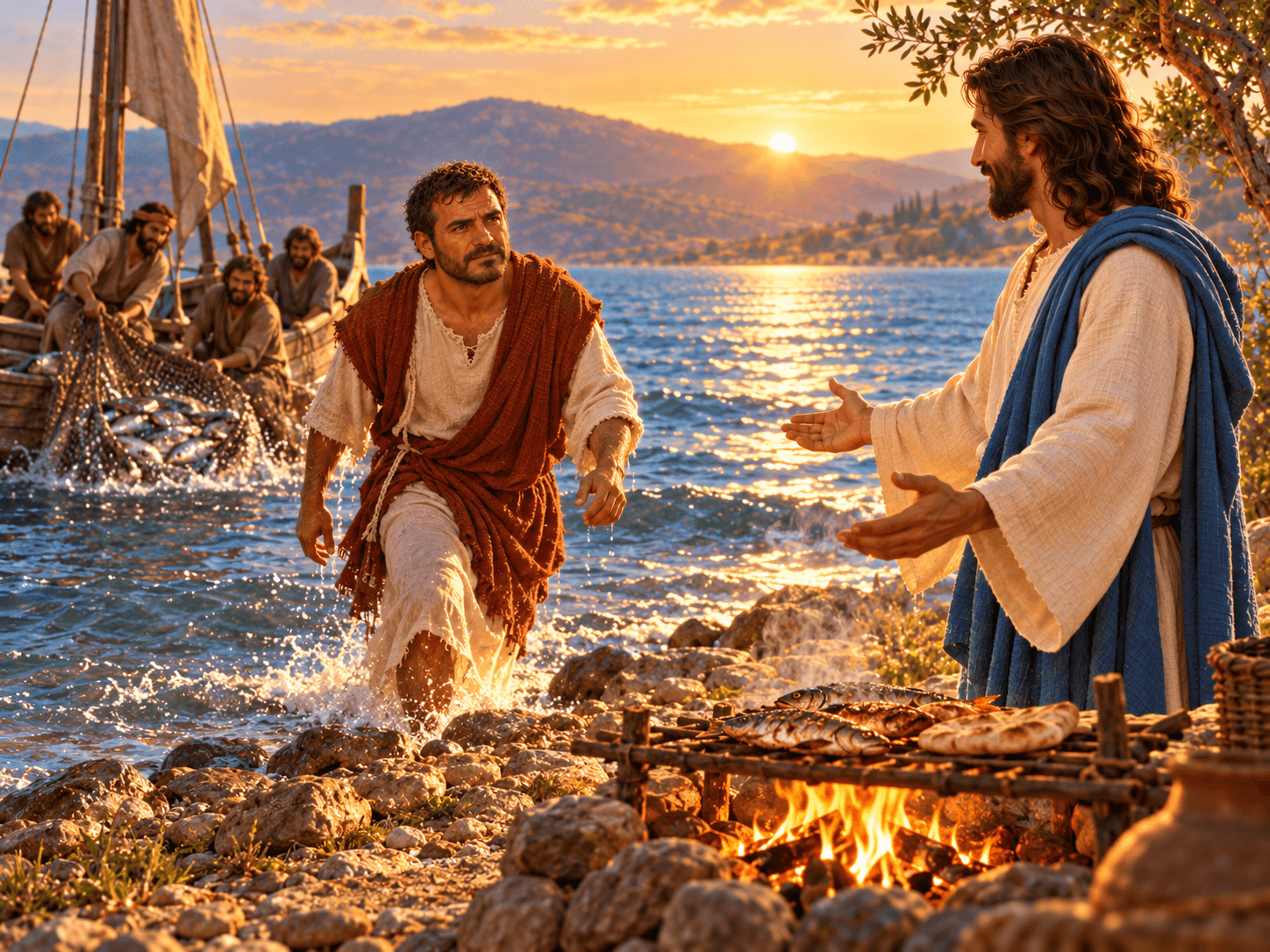 A painting of Peter coming ashore to the risen Jesus by a charcoal fire