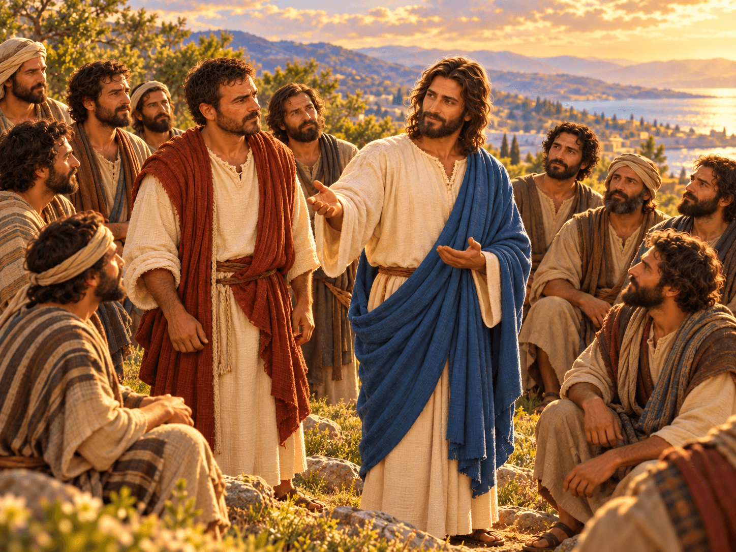 A painting of Jesus choosing the twelve apostles on a mountainside