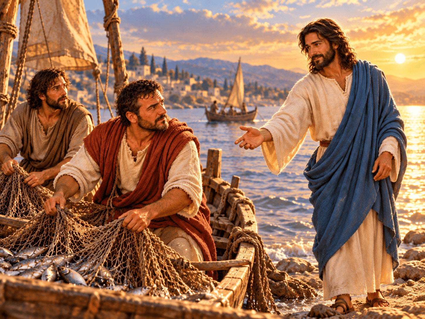 A painting of Jesus calling Simon and Andrew from their nets