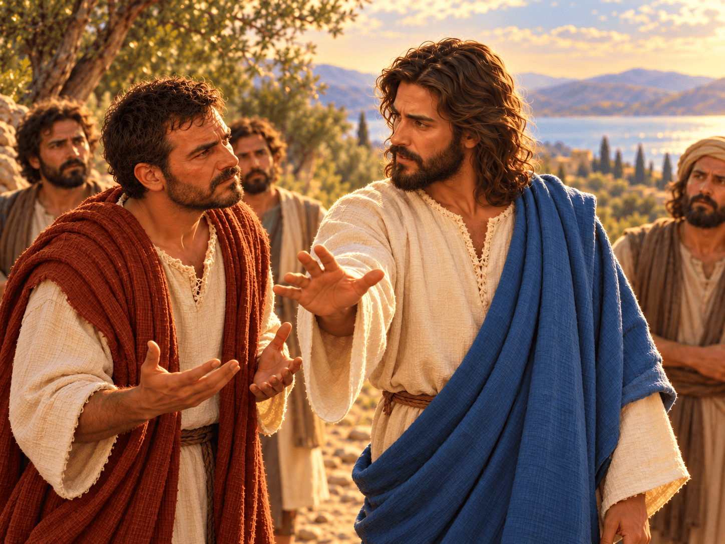 A painting of Jesus rebuking Peter