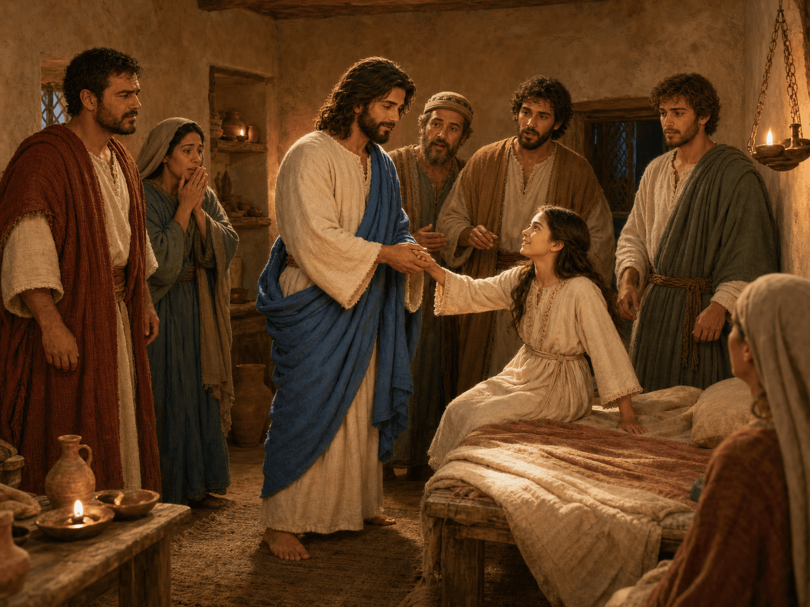A painting of Jesus raising Jairus' daughter as Peter, James and John look on