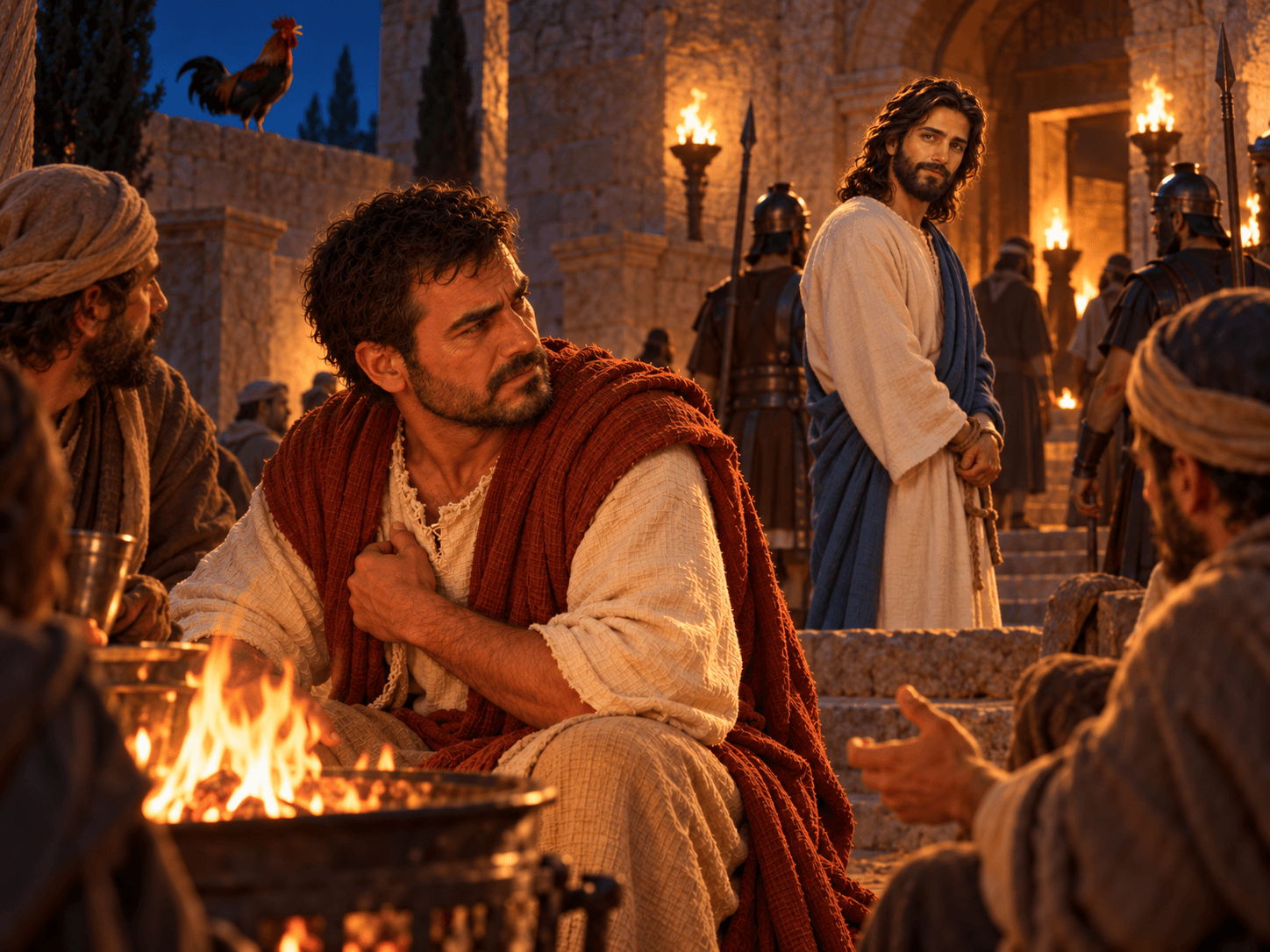 A painting of Peter in the high priest's courtyard as Jesus looks at him
