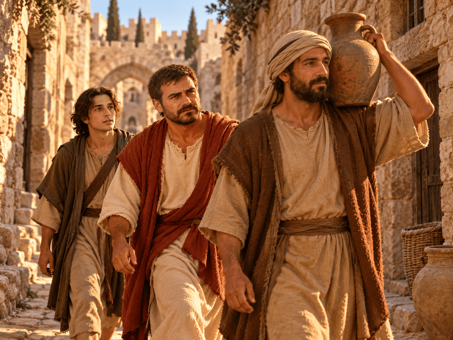 A painting of Peter and John following a man with a water jug