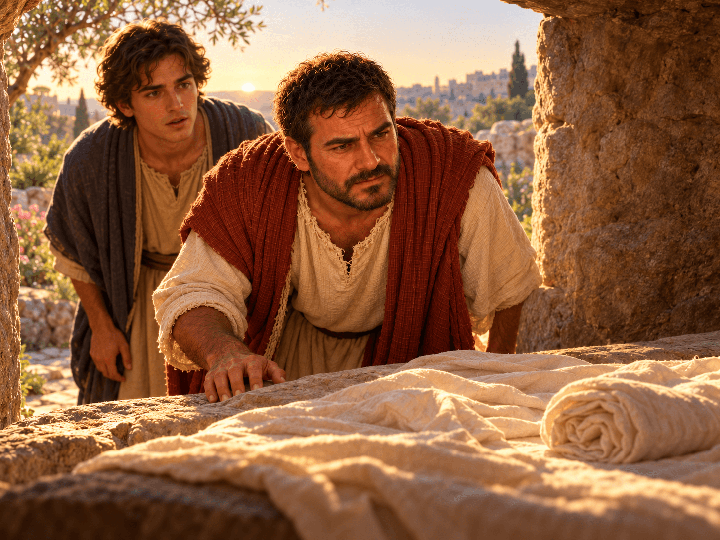 A painting of Peter at the empty tomb, seeing the linen cloths