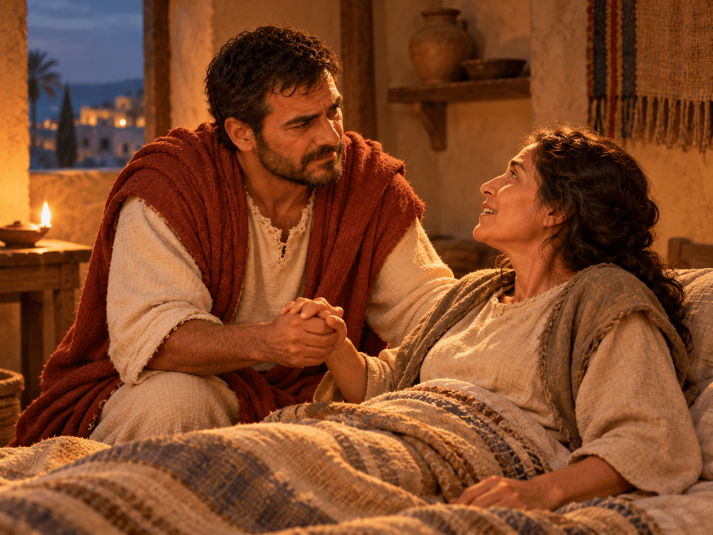 A painting of Peter taking the hand of Tabitha as she sits up