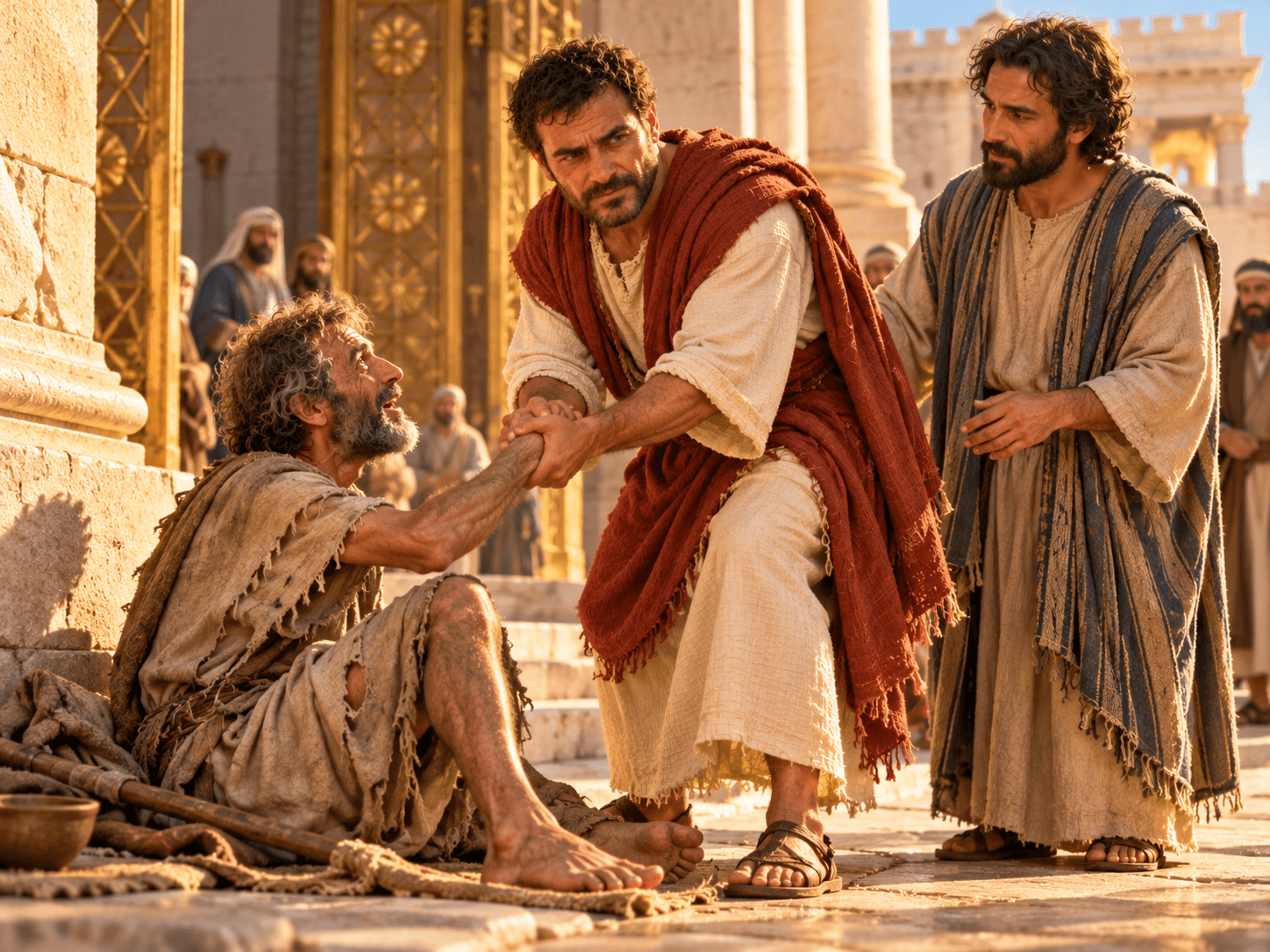 A painting of Peter lifting the lame man at the Beautiful Gate