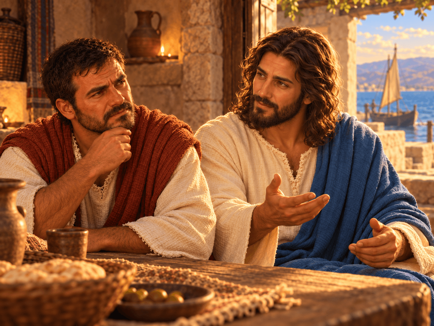 A painting of Jesus speaking with Peter about the temple tax