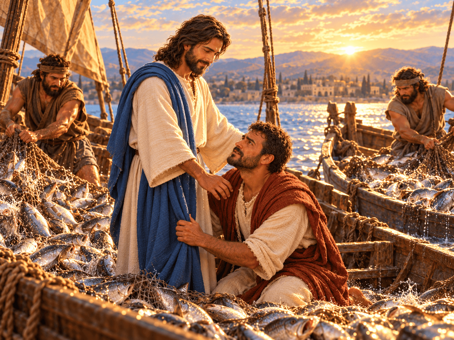 A painting of Simon kneeling before Jesus in a boat full of fish