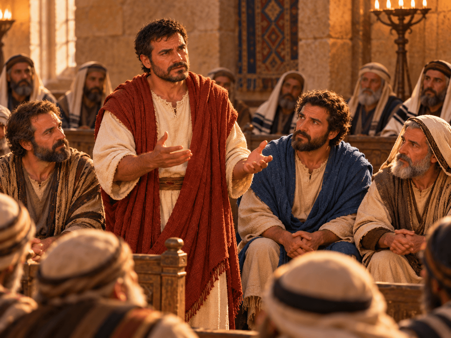 A painting of Peter speaking to the council in Jerusalem