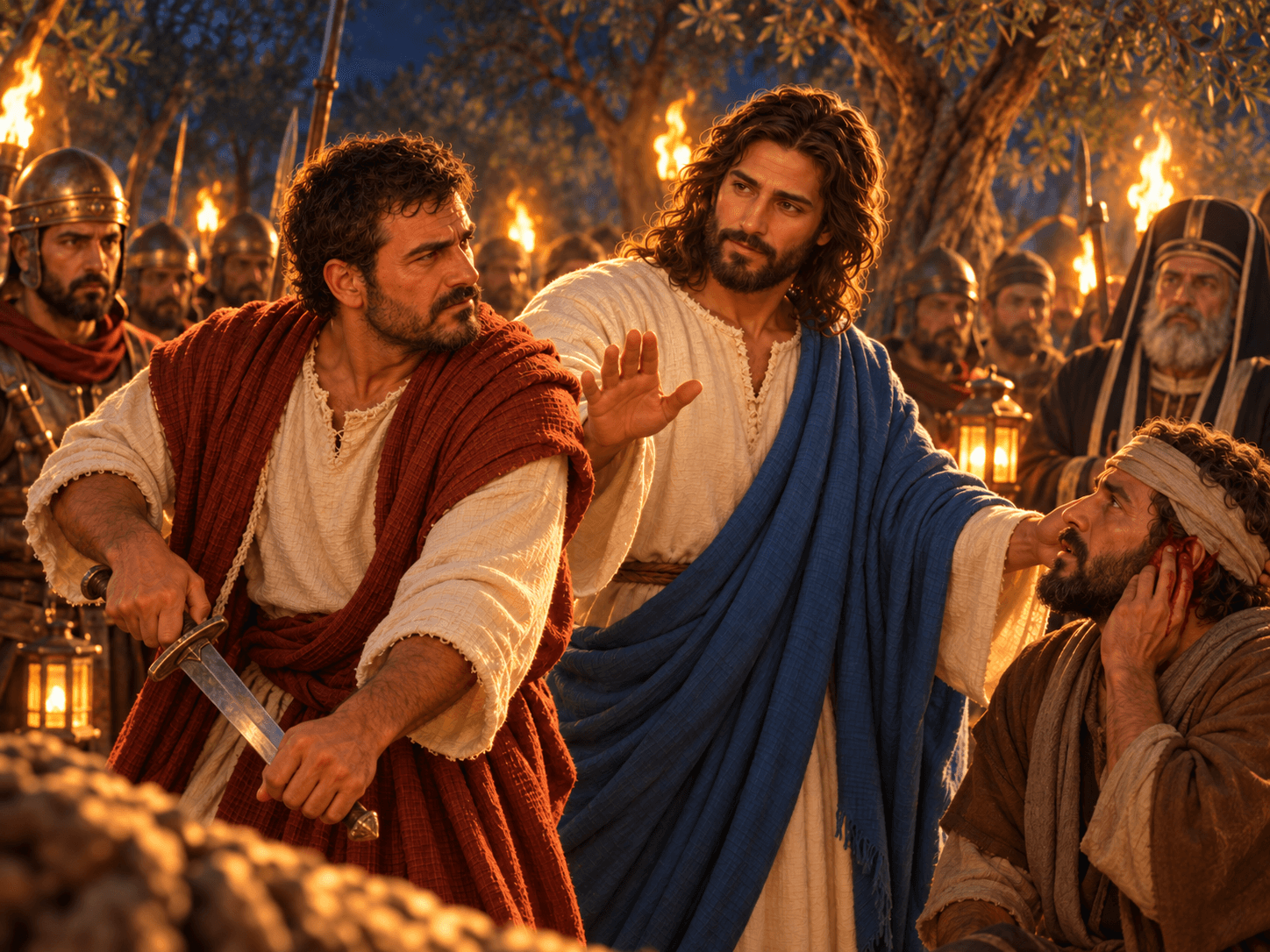 A painting of Jesus stopping Peter's sword and healing Malchus