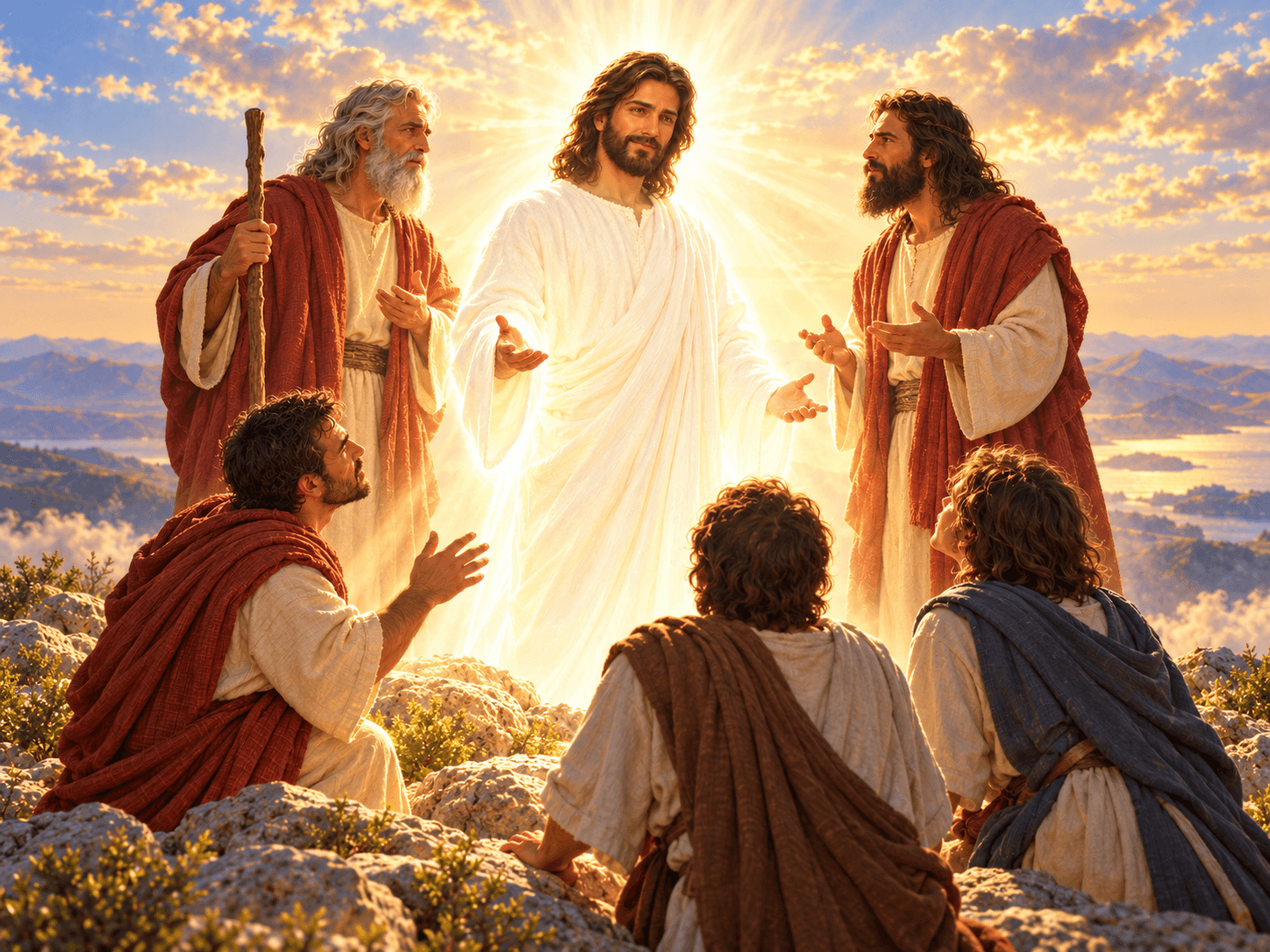 A painting of Jesus transfigured with Moses and Elijah, as Peter, James and John look on