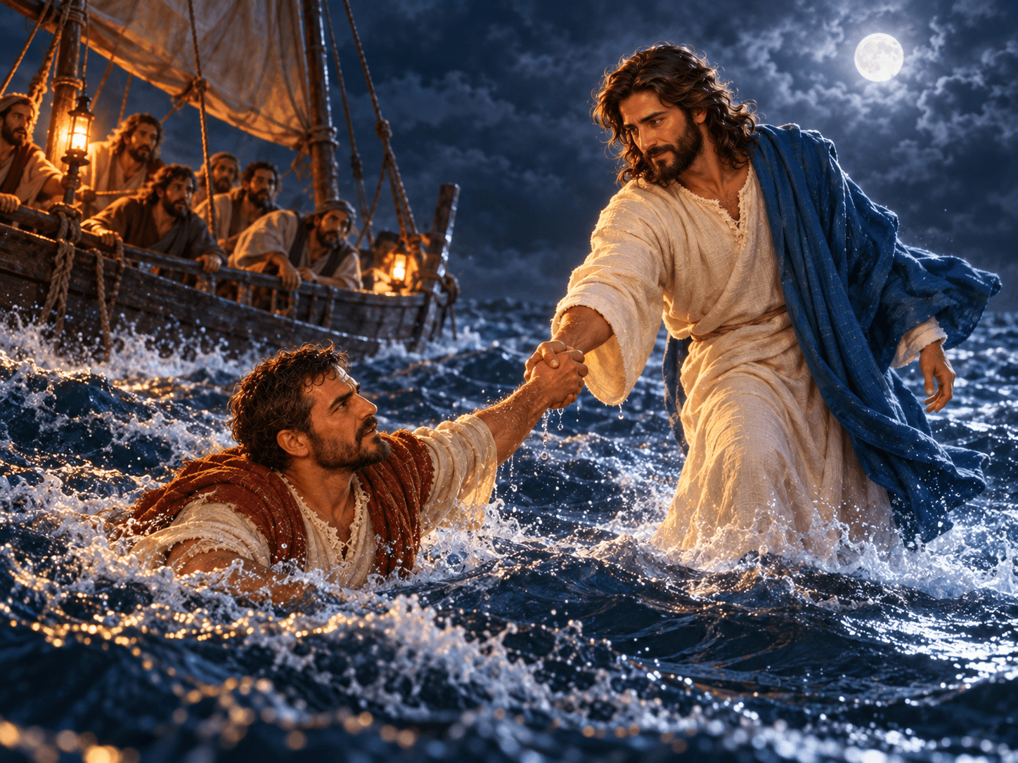 A painting of Jesus catching Peter's hand as he sinks in the sea