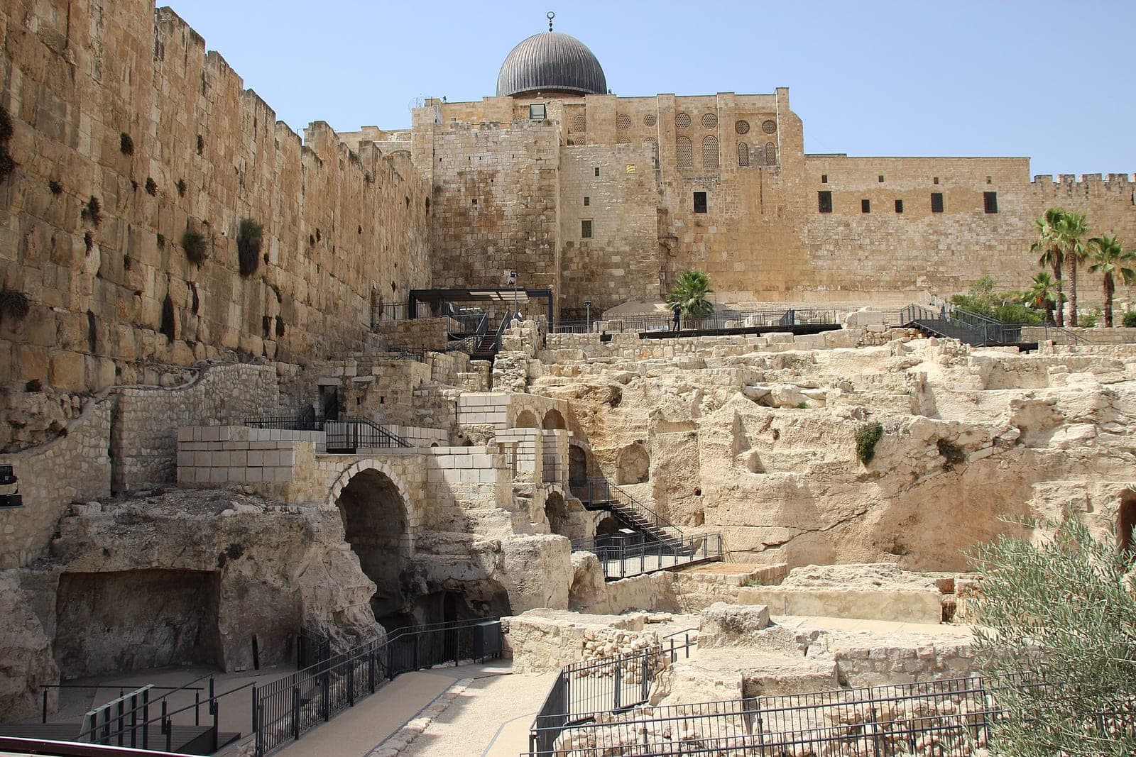 Excavated stone ruins below the high ancient walls at the south end of the Temple Mount in Jerusalem.