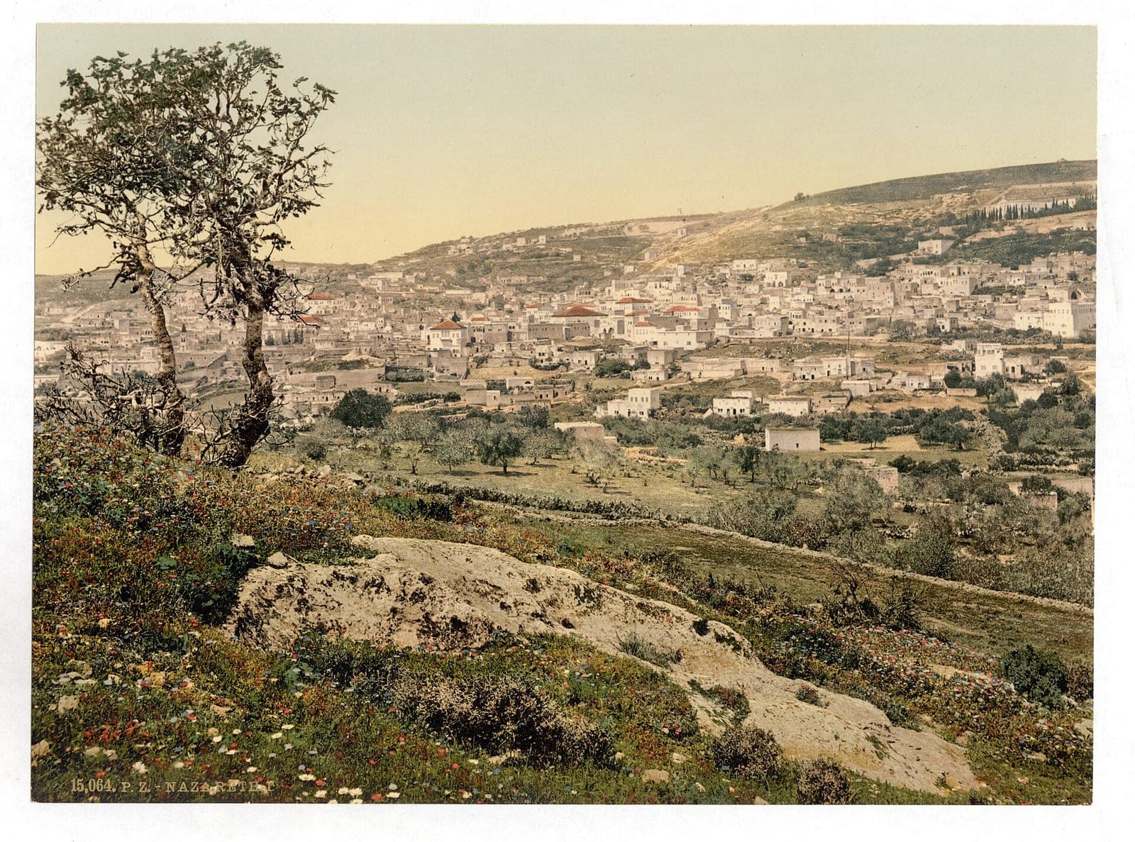 An old color photograph of Nazareth spread across a hillside in Galilee.