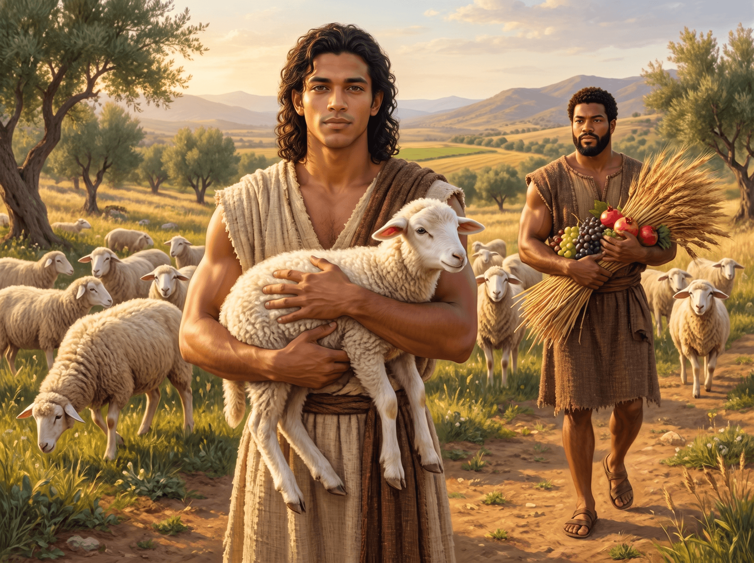 A painting from Abel's story: Abel carrying a lamb from his flock, with his brother Cain behind him holding grain and fruit for his offering