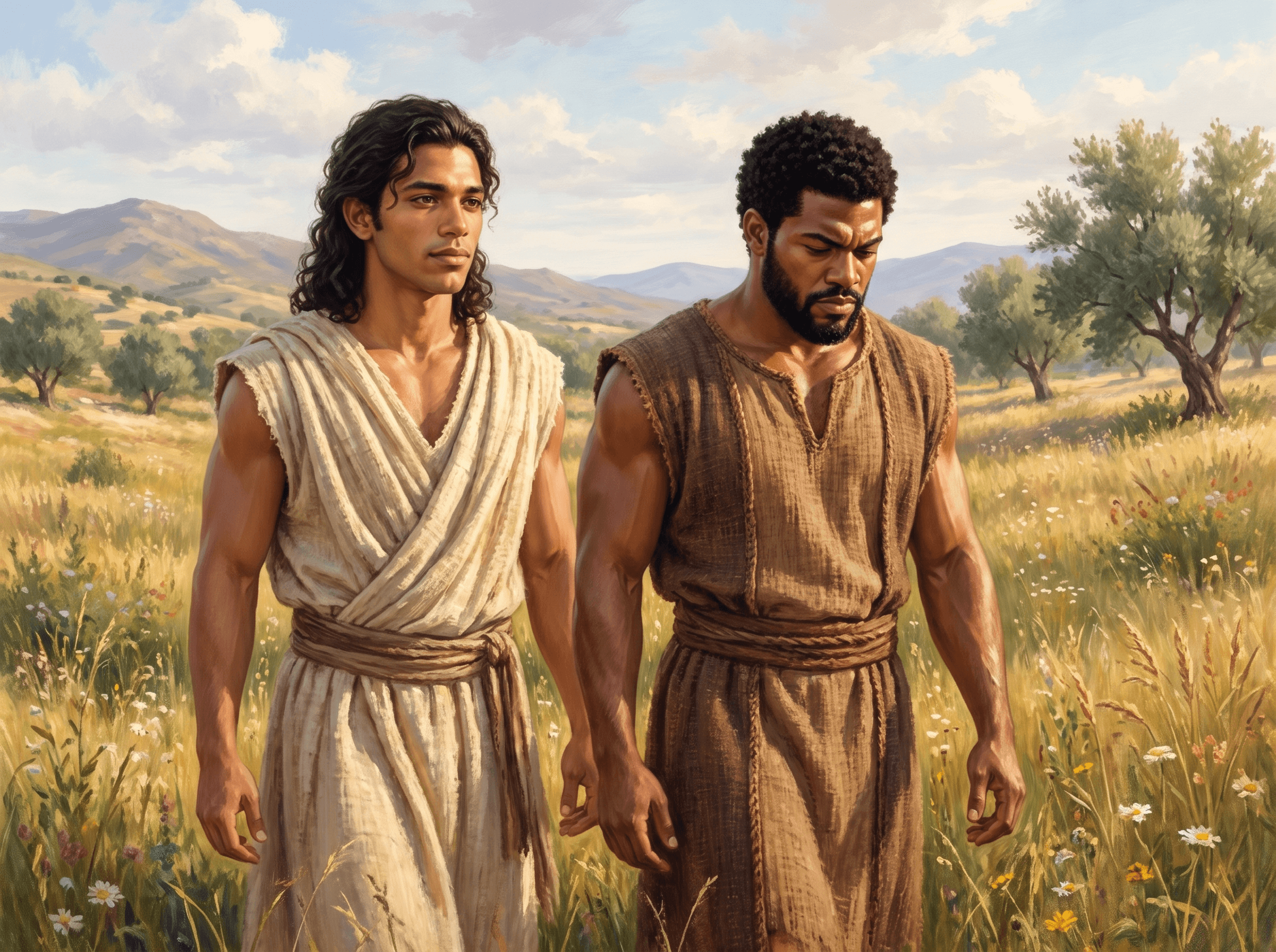 A painting from Abel's story: Cain walking beside his brother Abel through a field of tall grass