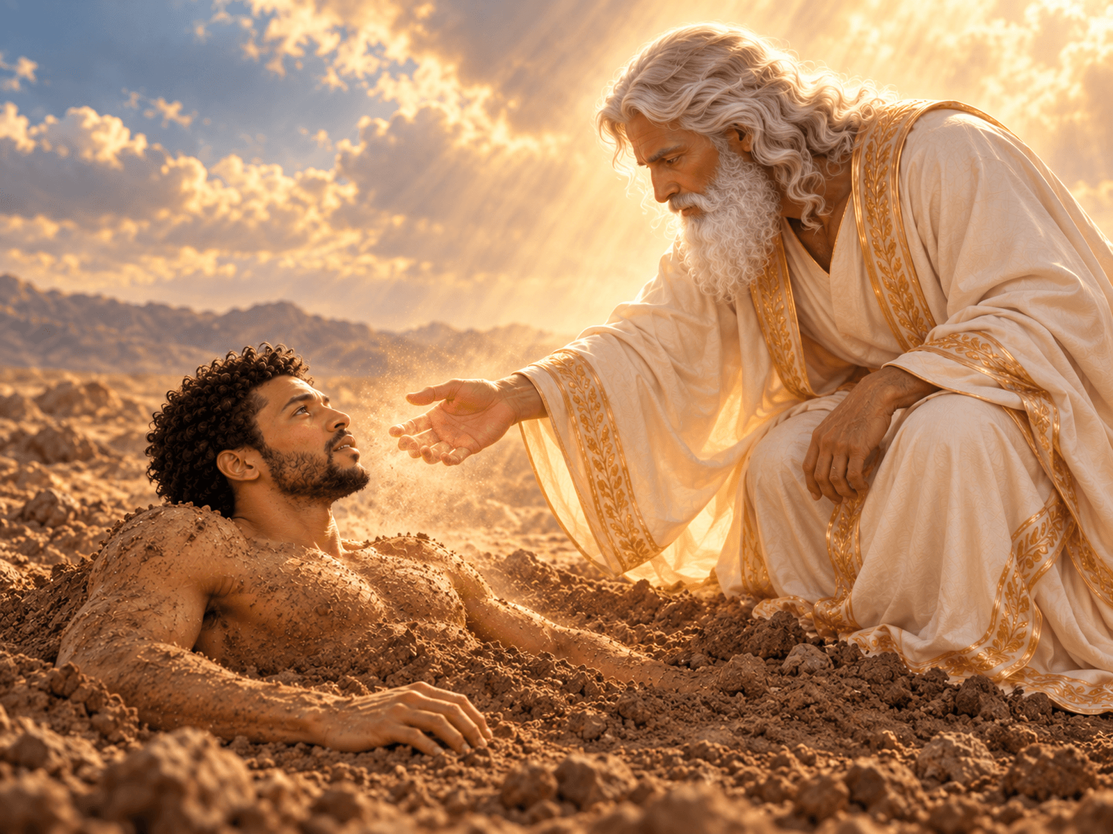 A painting of God forming Adam from the dust of the ground